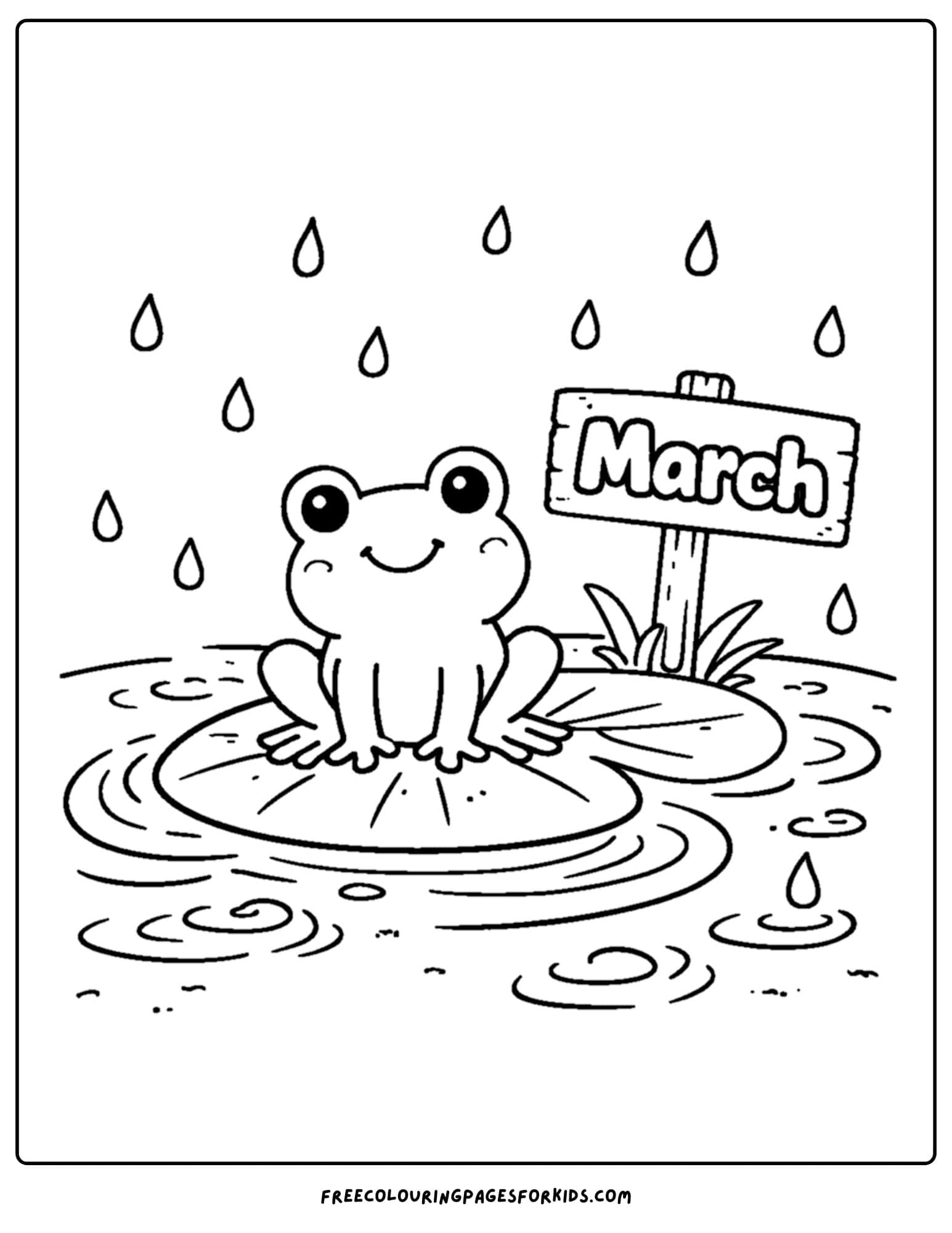 a coloring page for march showing a frog sitting on a lilypad