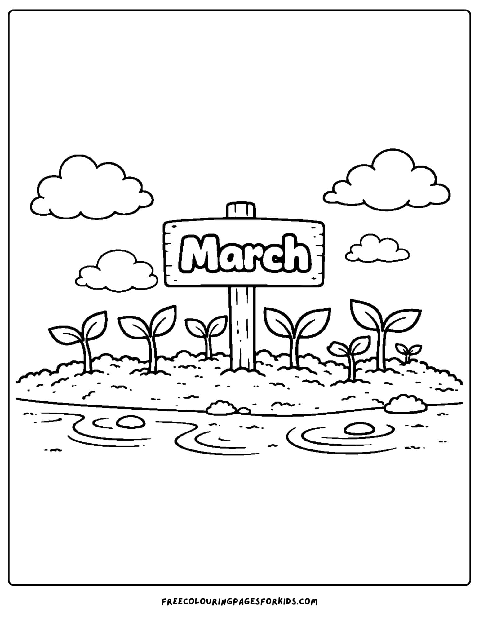 a coloring page for march showing garden seedlings sprouting
