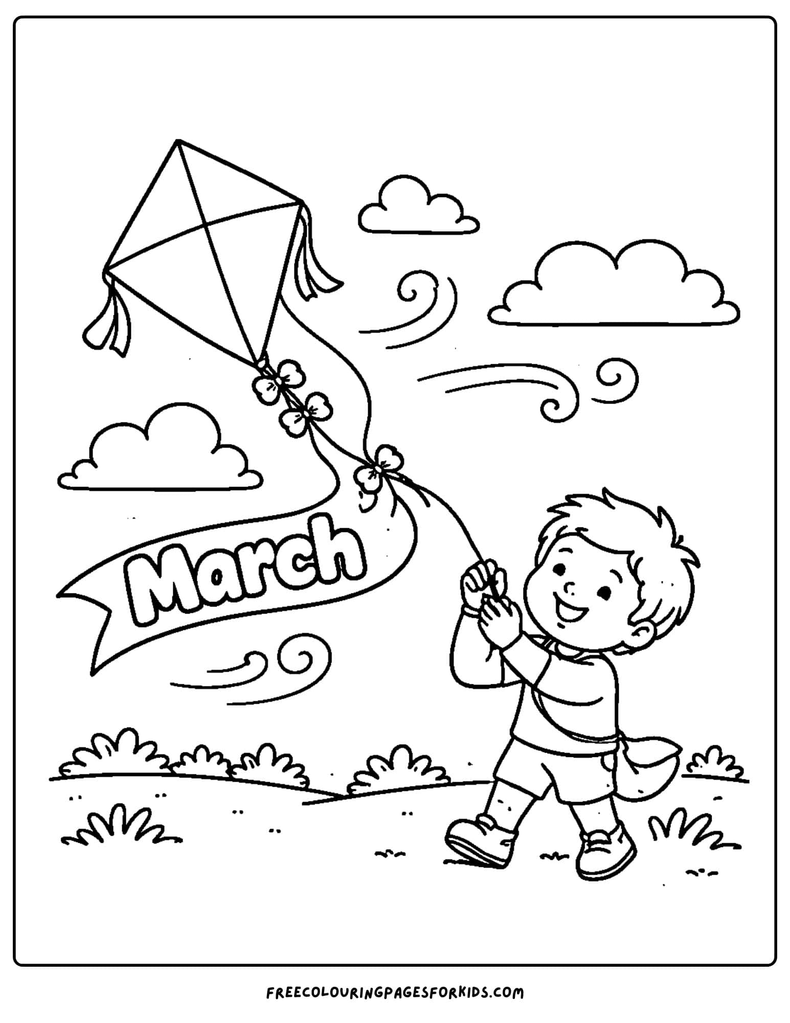 a coloring page for march showing a child flying a kite on a windy day