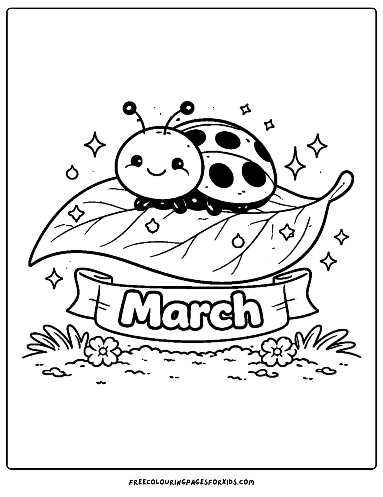 a coloring page for march showing a ladybug on a leaf