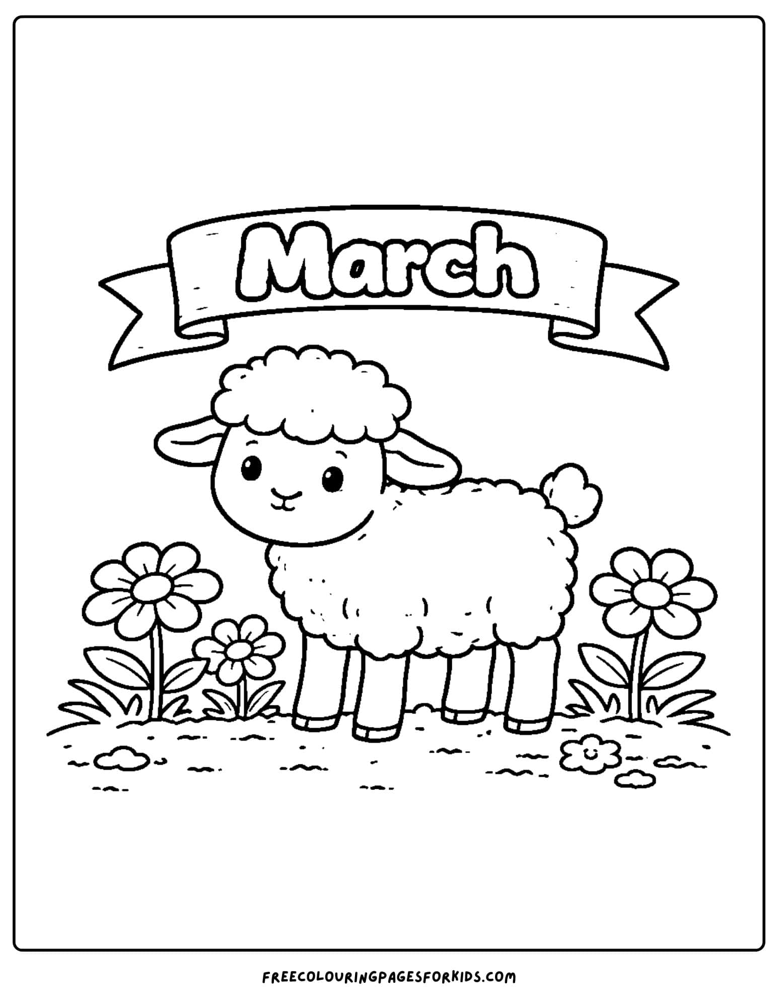 a coloring page for march showing a lamb amongst some flowers