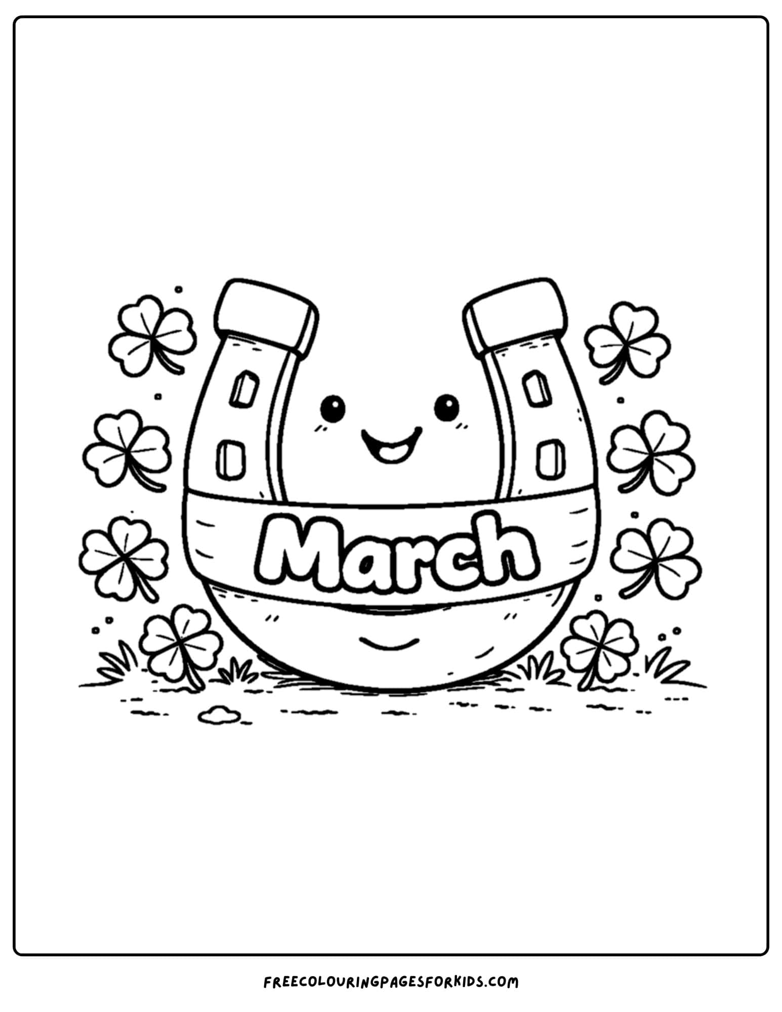 a coloring page for march showing a lucky horseshoe