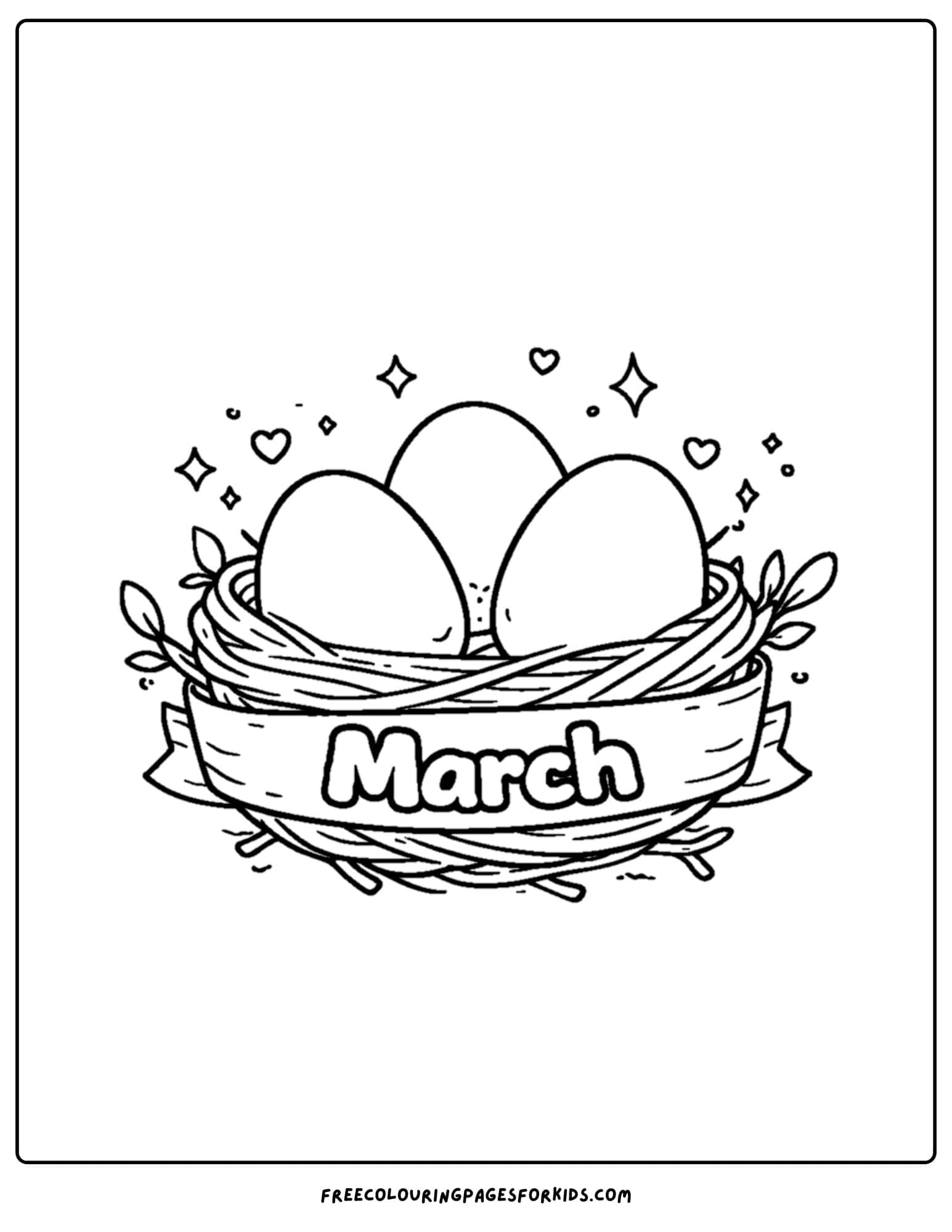 a coloring page for march showing eggs in a birds nest