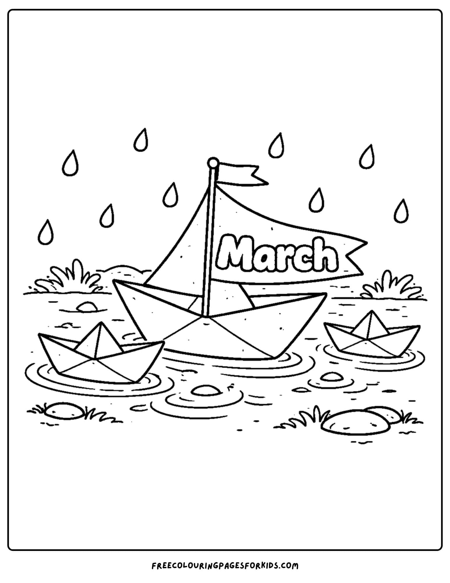 a coloring page for march showing paper boats floating in a puddle