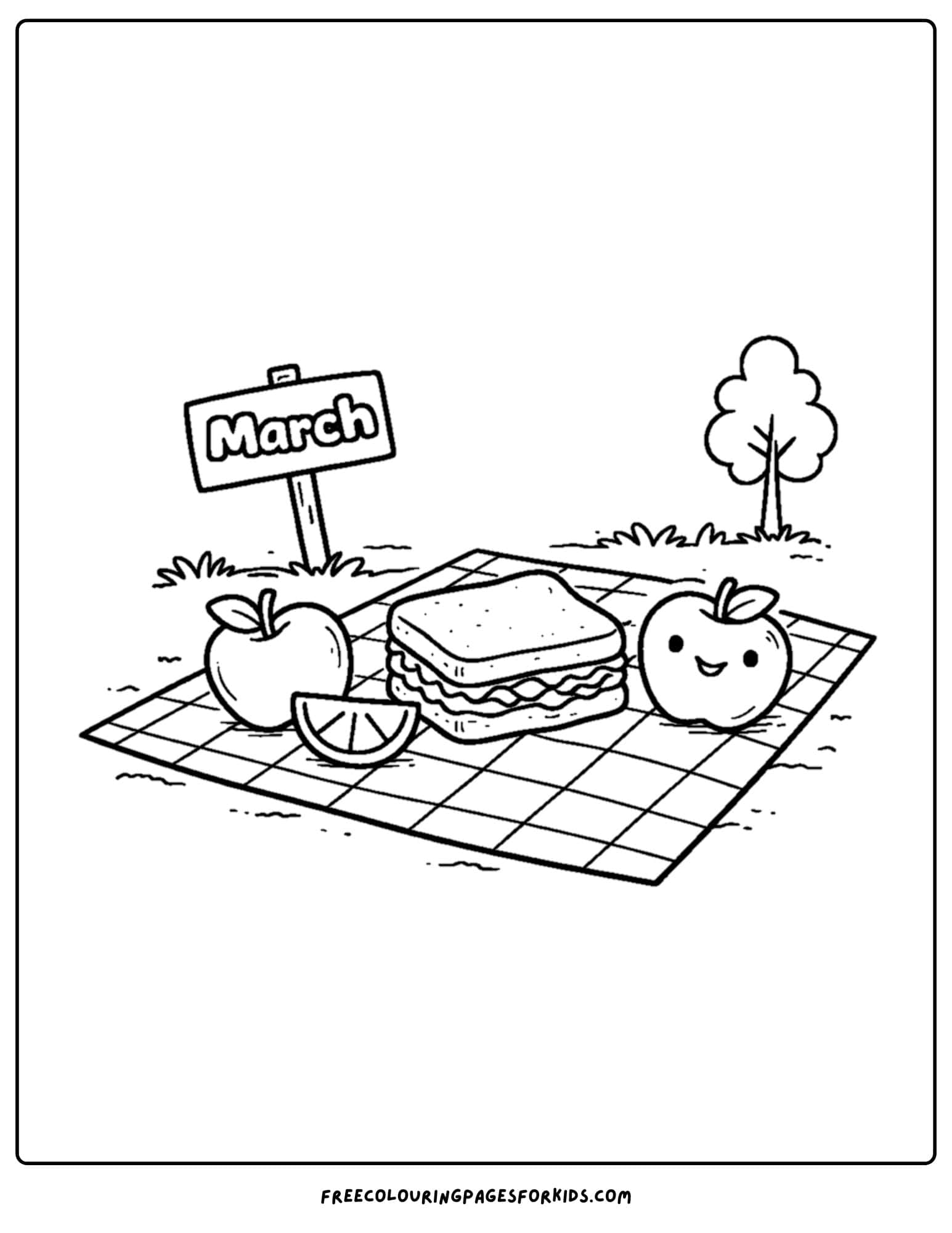 a coloring page for march showing a picnic blanket with food