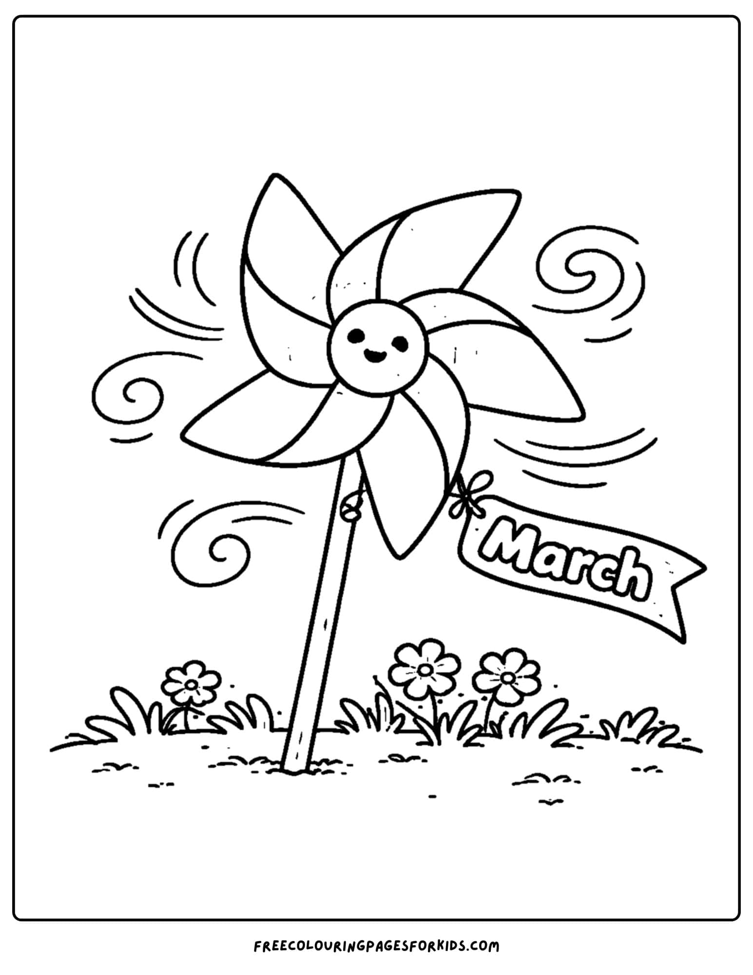 a coloring page for march showing a pinwheel blowing on a windy day