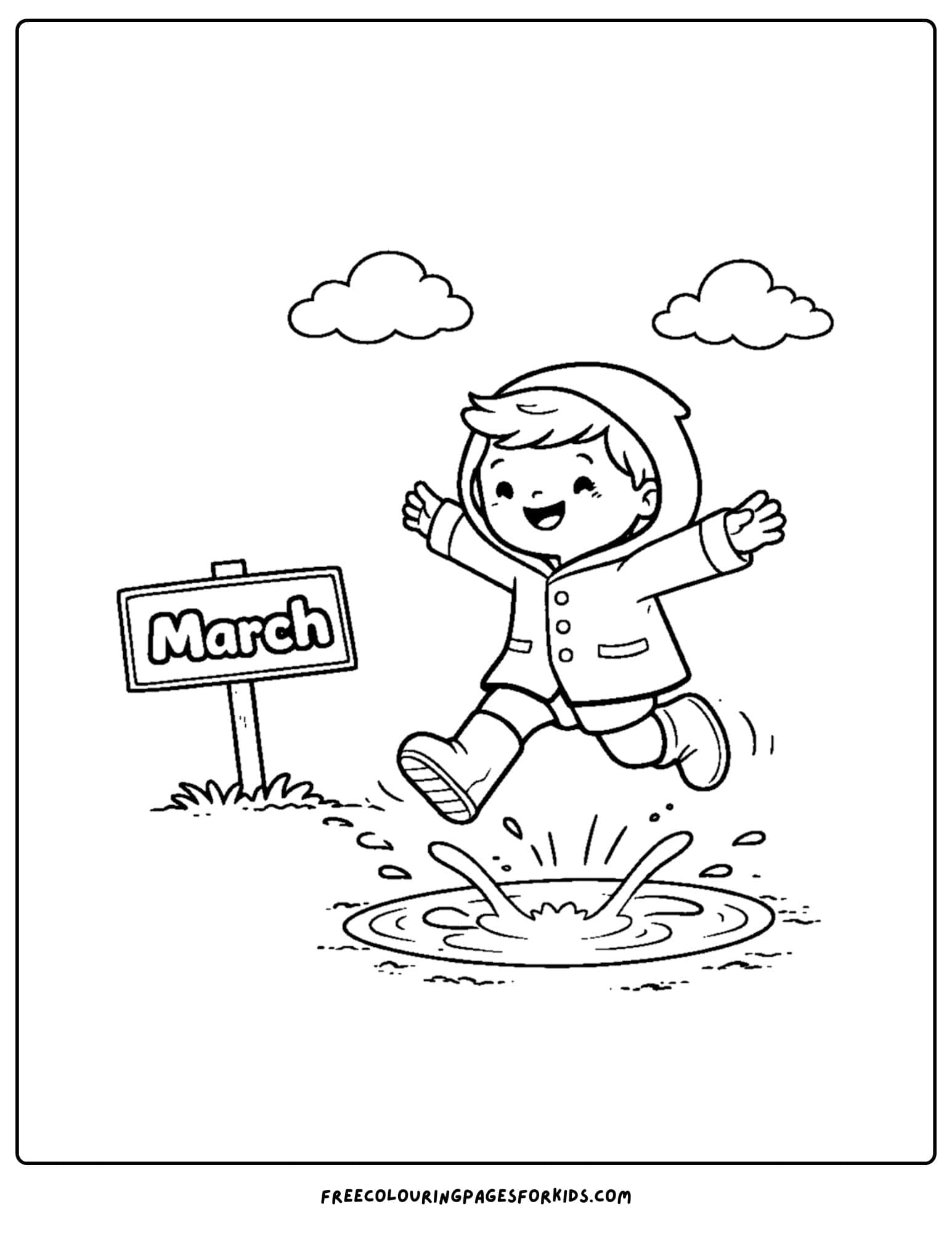 a coloring page for march showing a child leaping into a puddle wearing a rain jacket