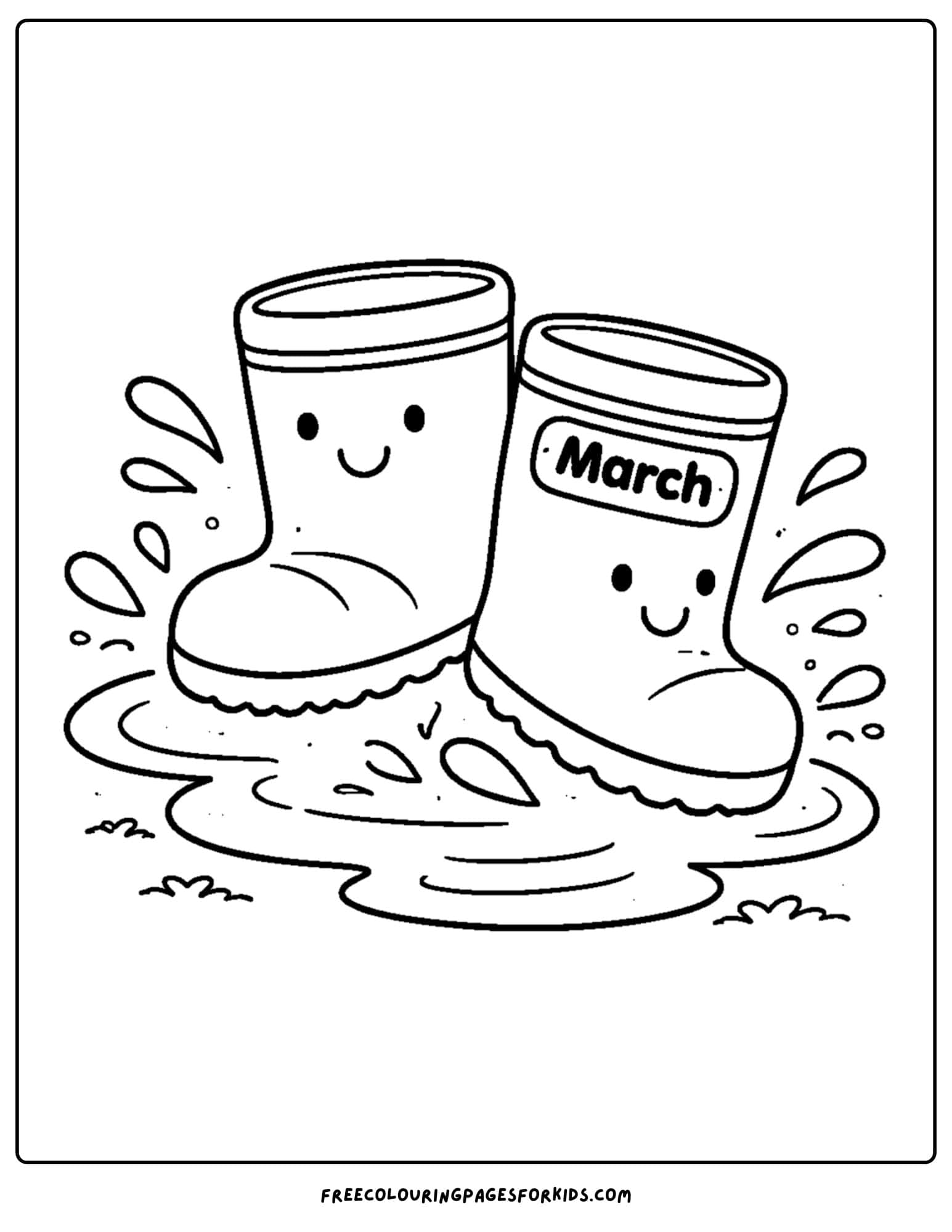 a coloring page for march showing rubber boots splashing in a puddle