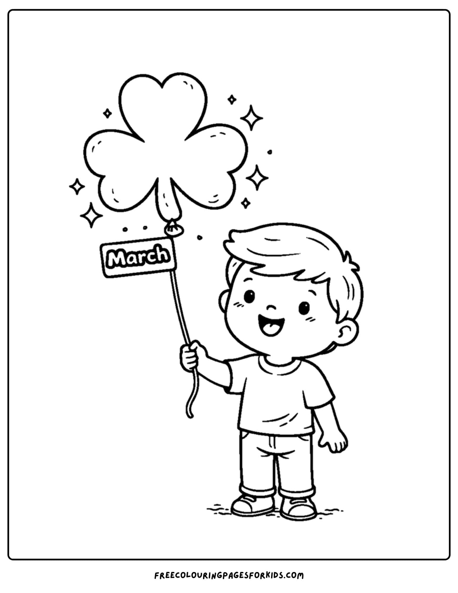 a coloring page for march showing a child holding a balloon shaped like a shamrock