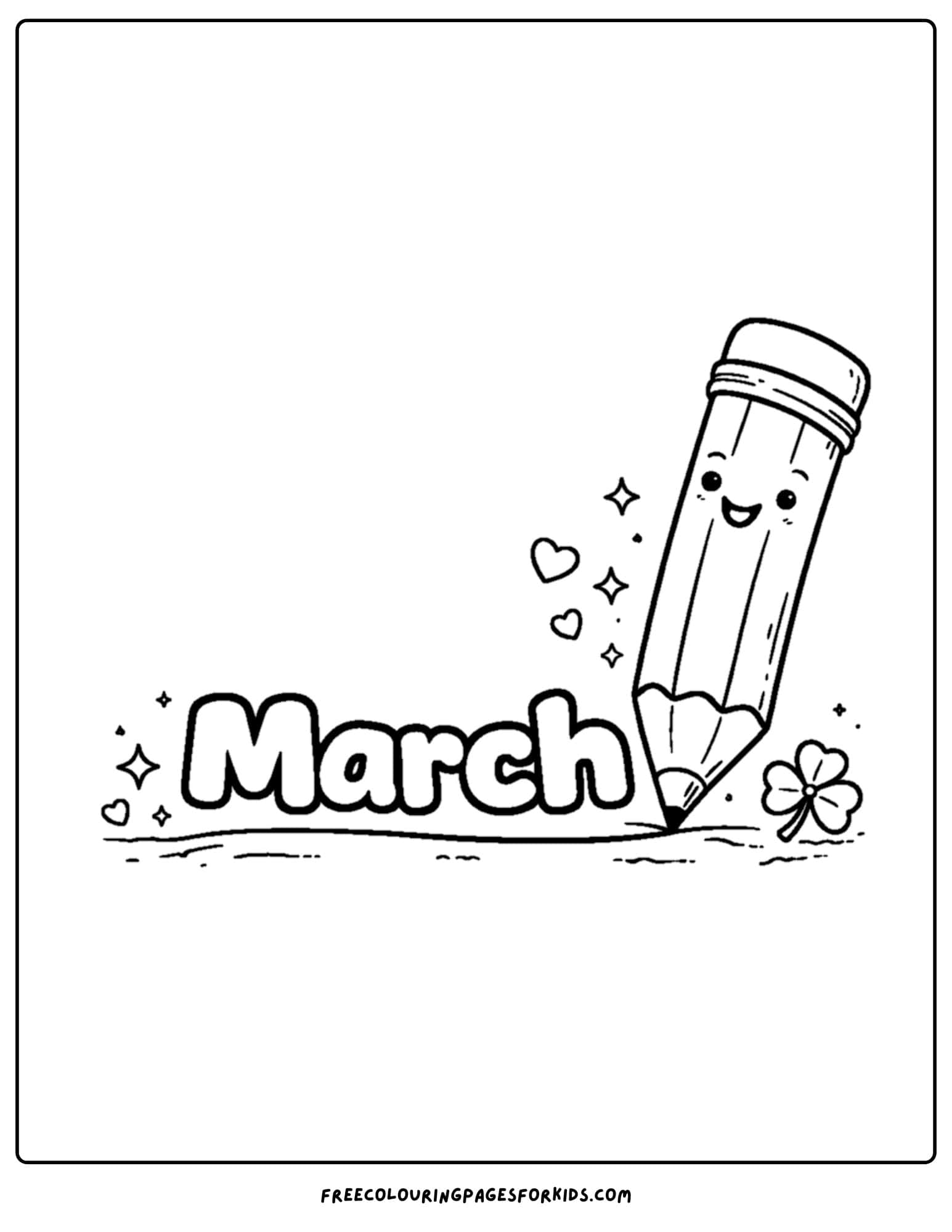 a coloring page for march showing a giant smiling pencil