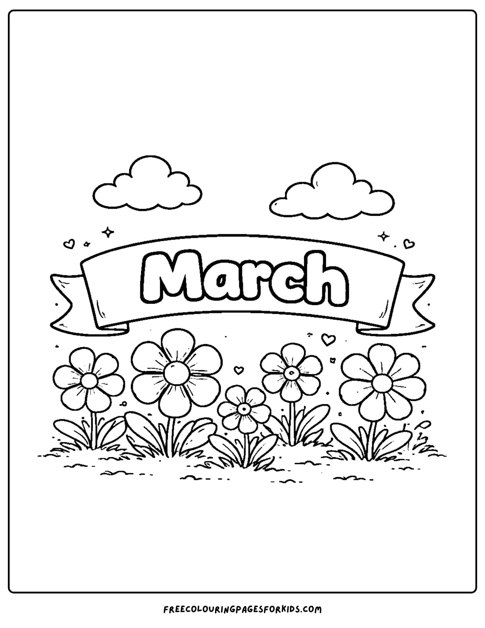 a coloring page for march showing spring flowers