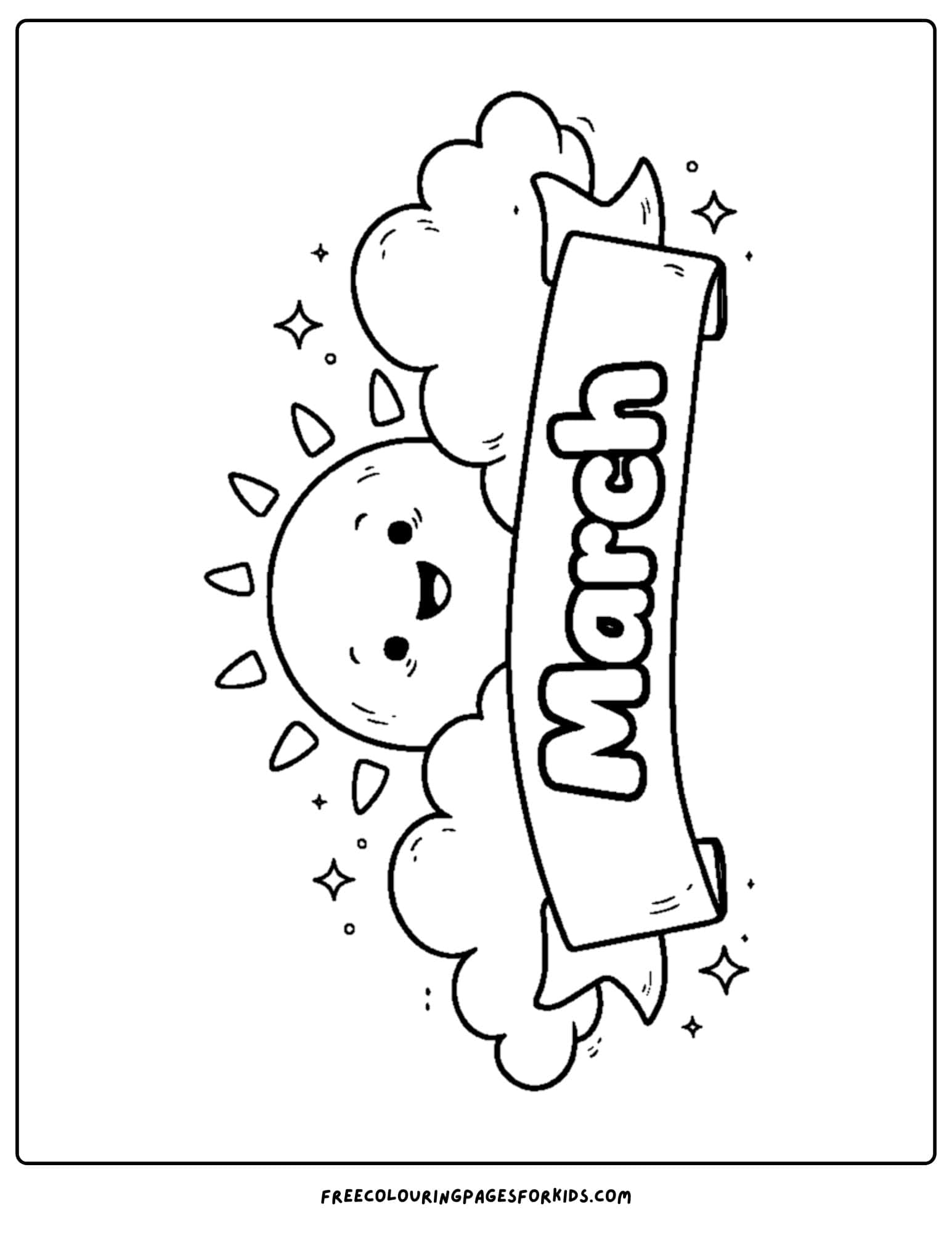 a coloring page for march showing a march banner with clouds and the sun