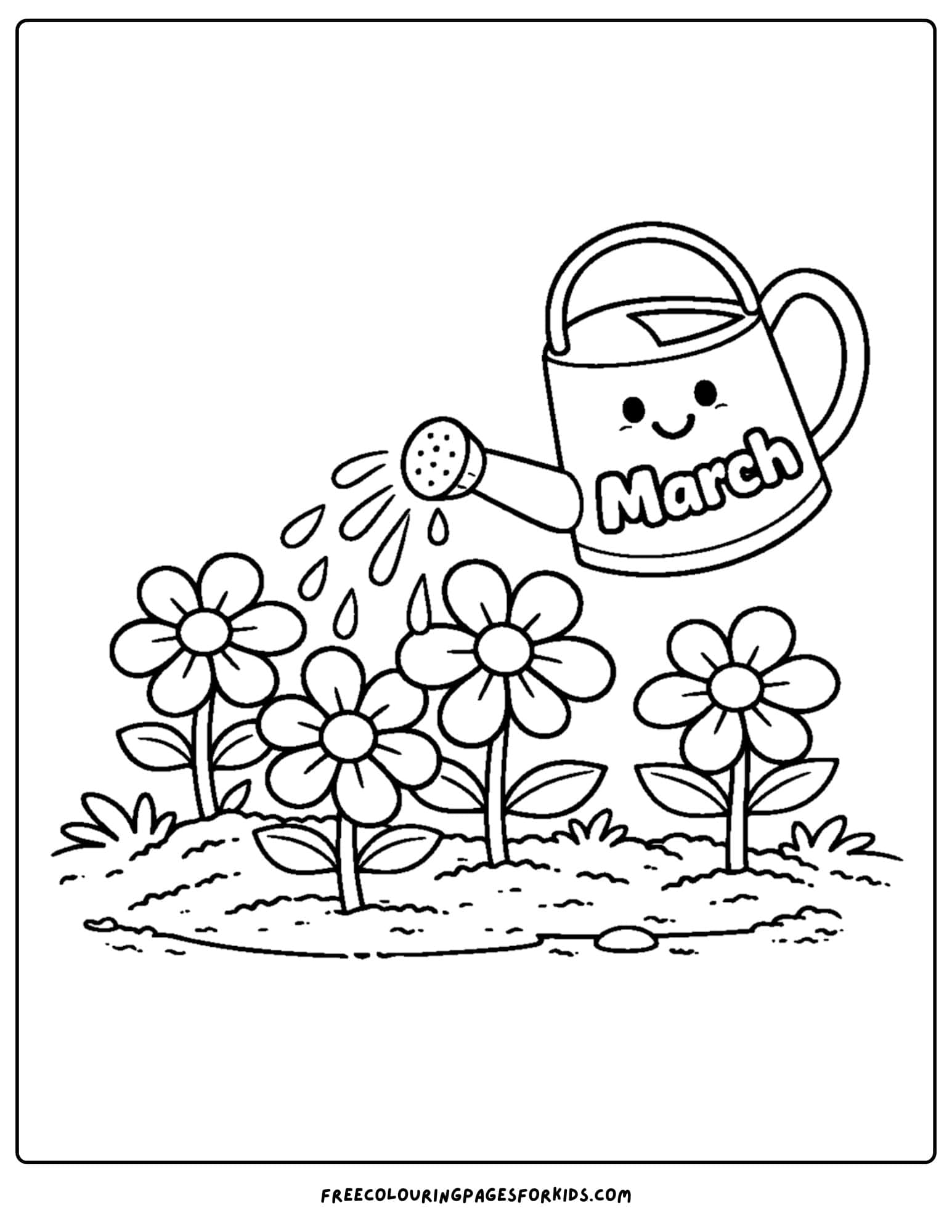 a coloring page for march showing a watering can watering flowers
