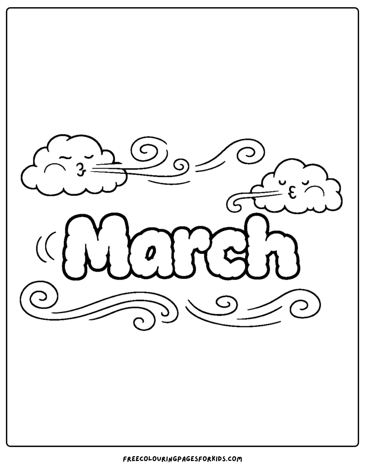 a coloring page for march showing a windy day with clouds blowing around