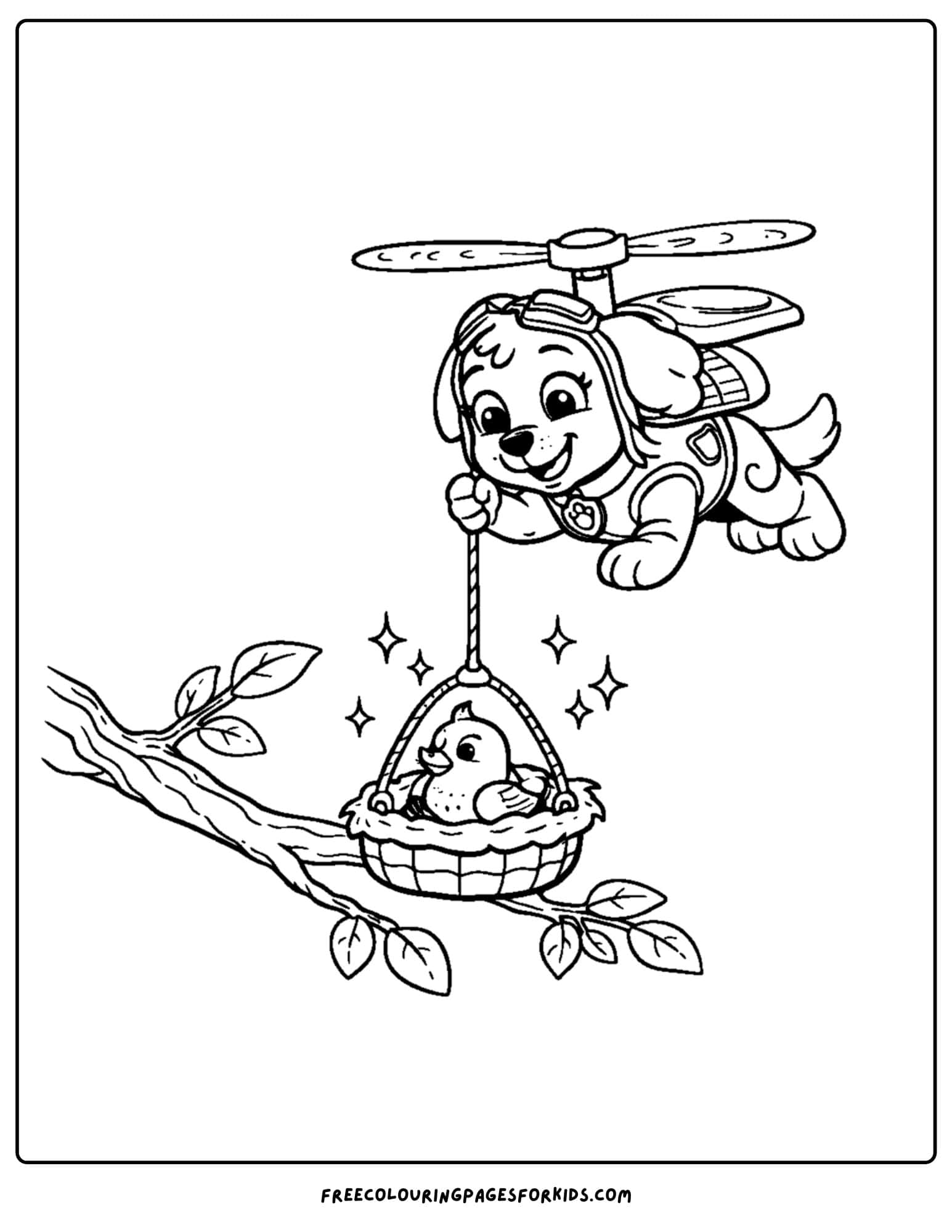 Paw Patrol coloring page, Skye saves a bird