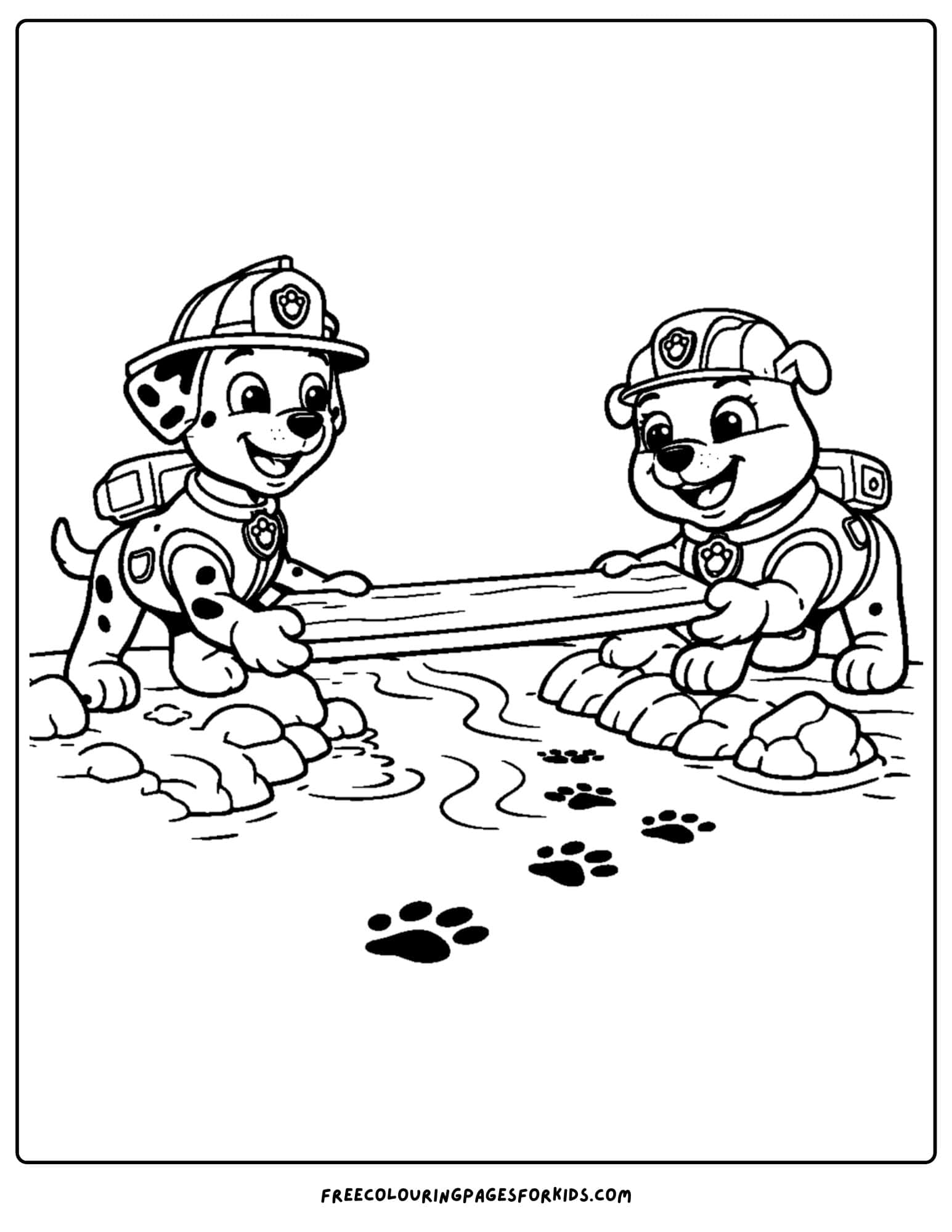 Paw patrol coloring page with rubble and marshall laying planks