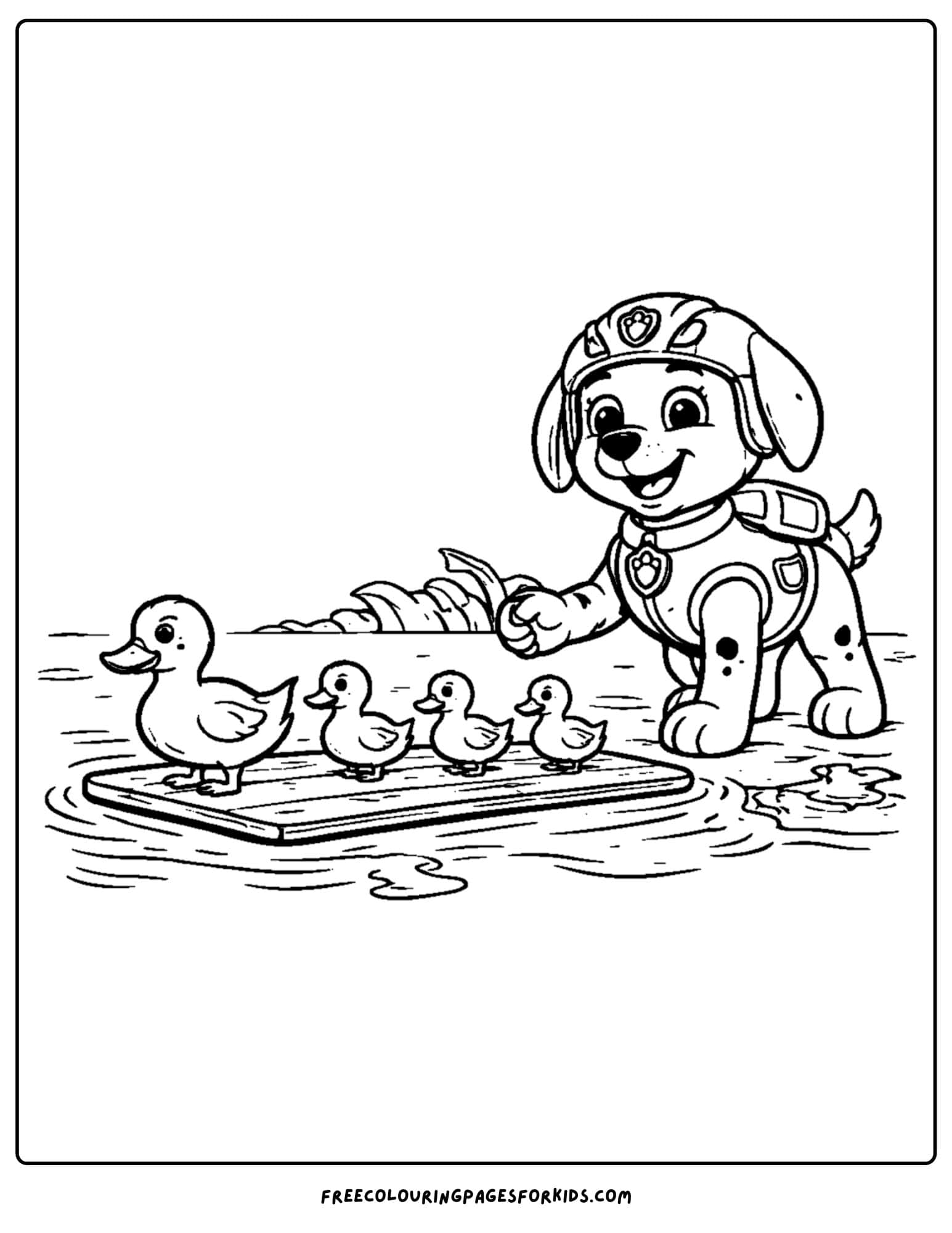 Paw Patrol coloring page, Zuma helps ducks cross the river