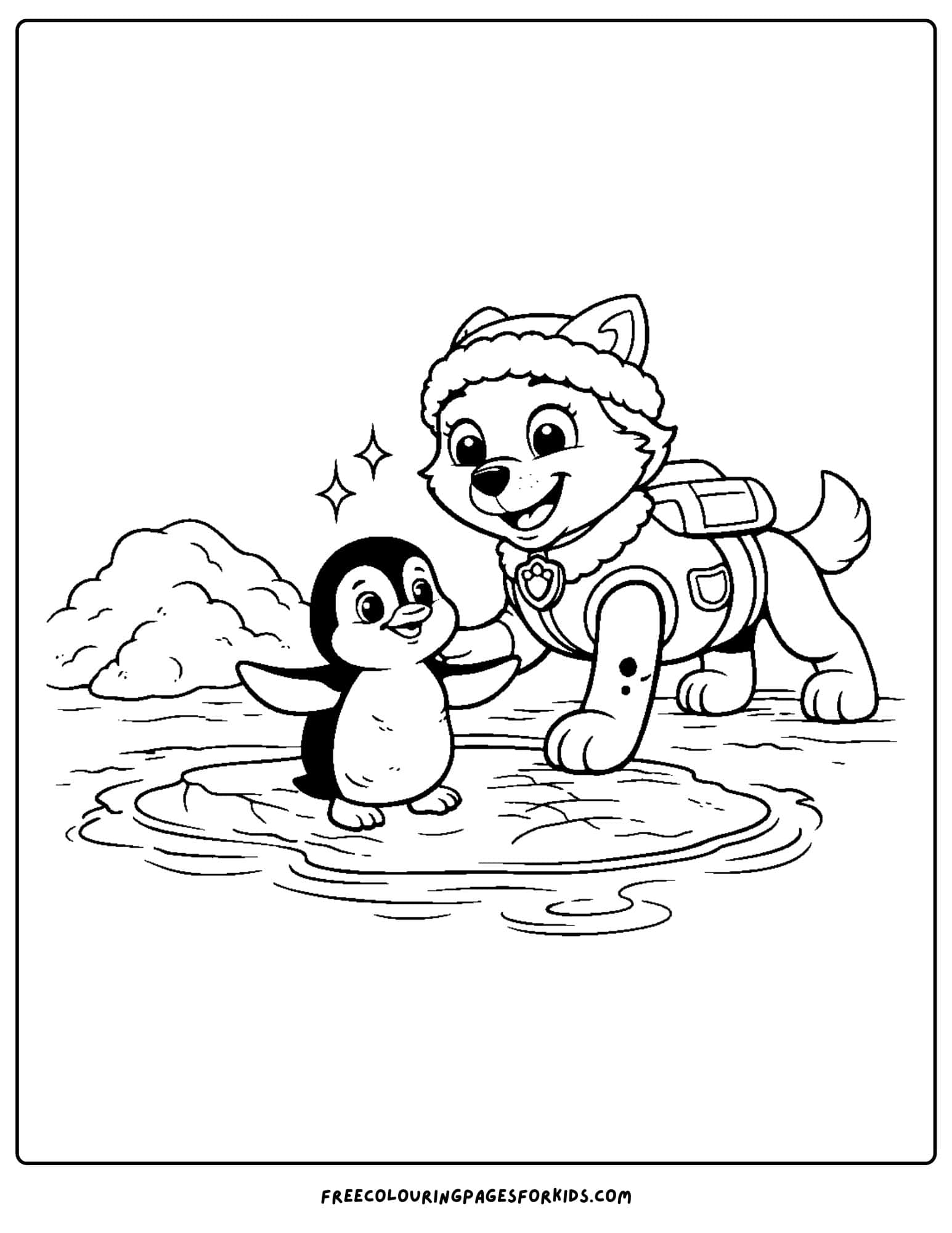 Paw Patrol coloring page with Everest rescuing penguins trapped on ice