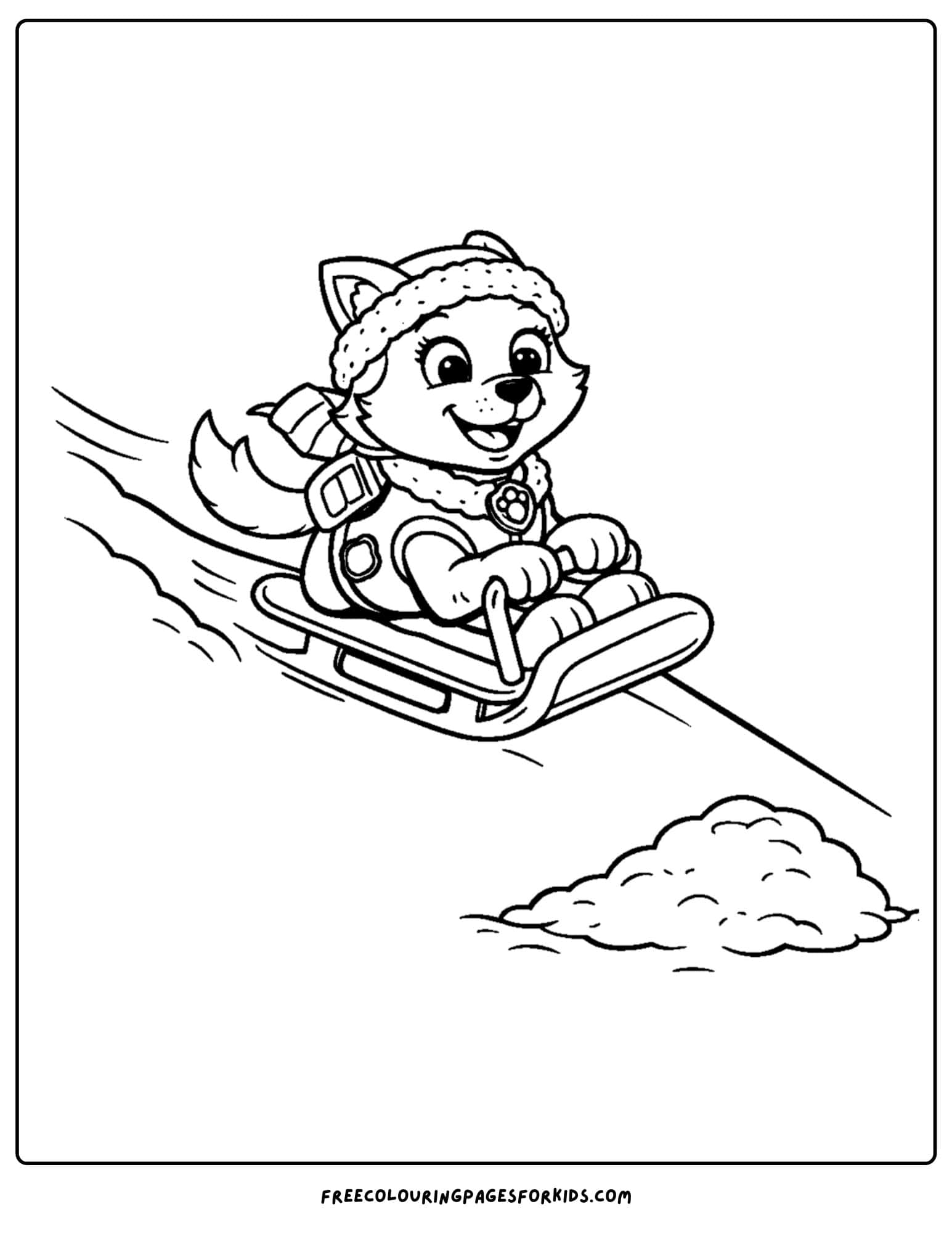 Paw patrol coloring page with Everest sledding downhill