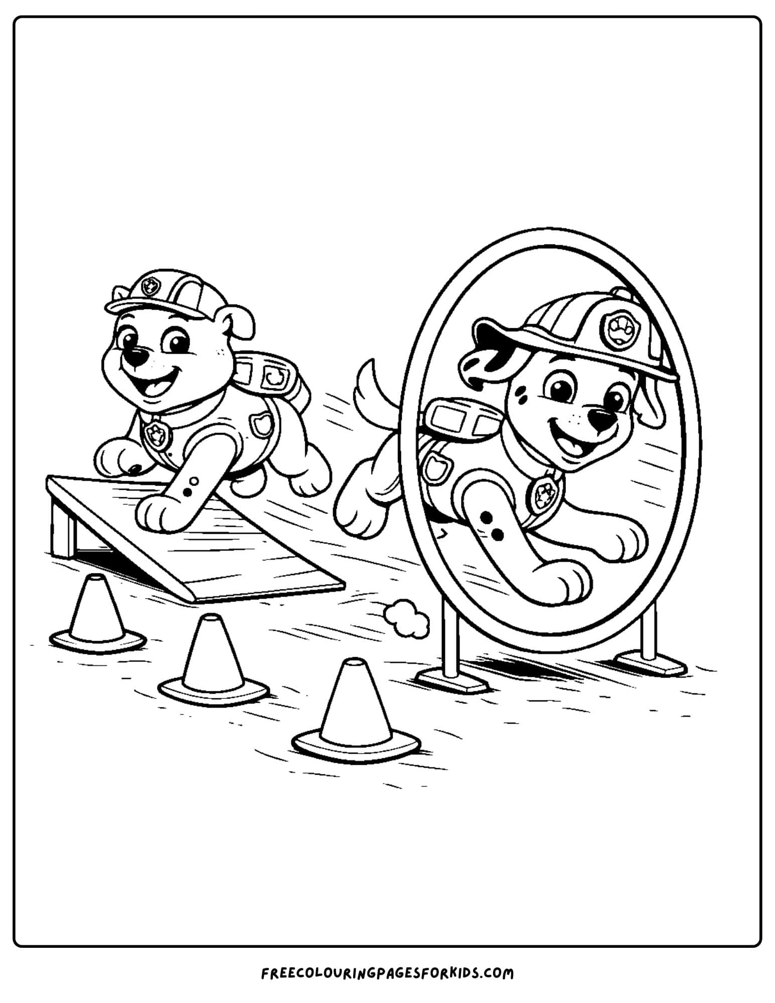 PAW Patrol coloring page with Rubble and Marshall doing obstacle course