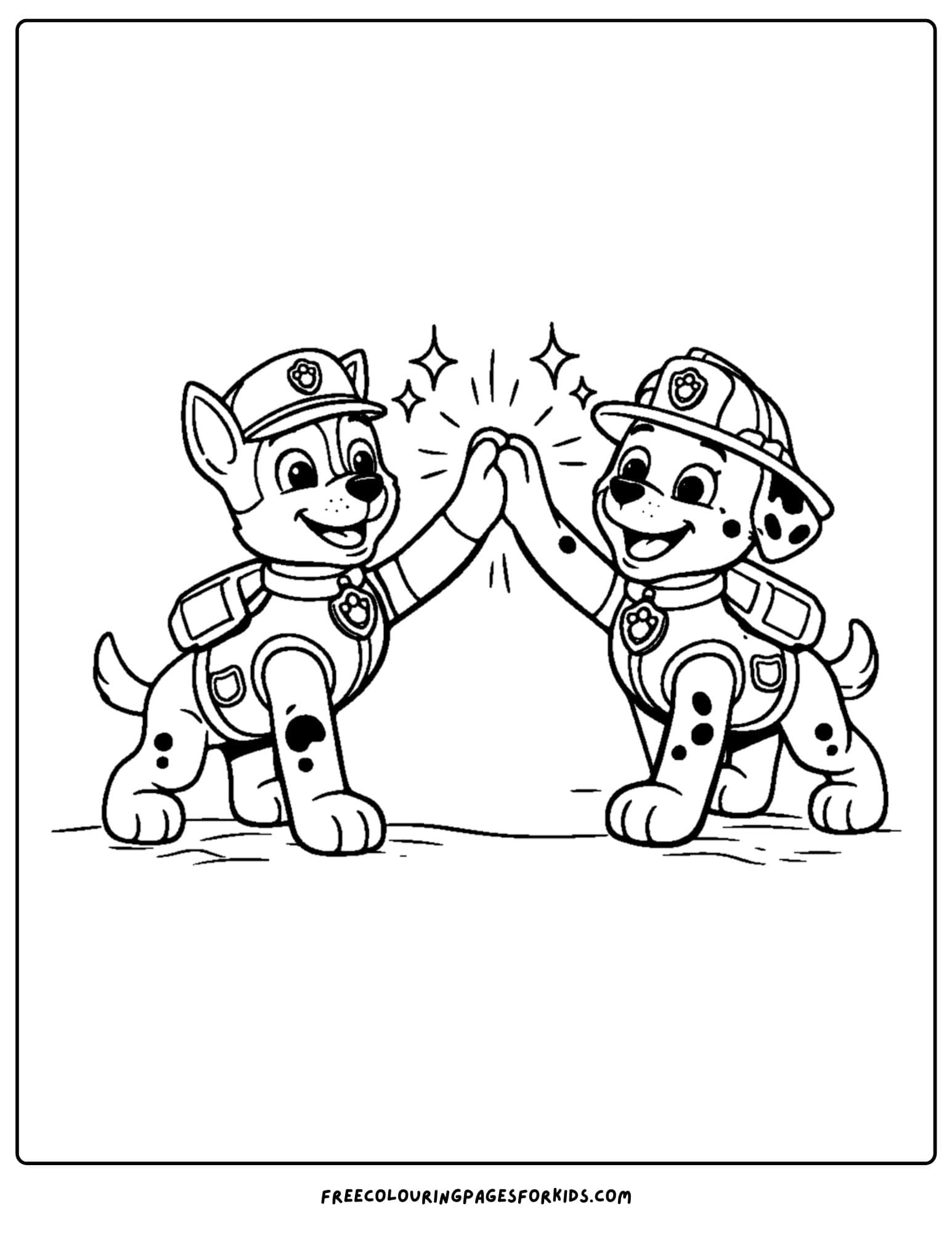 PAW Patrol coloring page with Chase and Marshall high fives