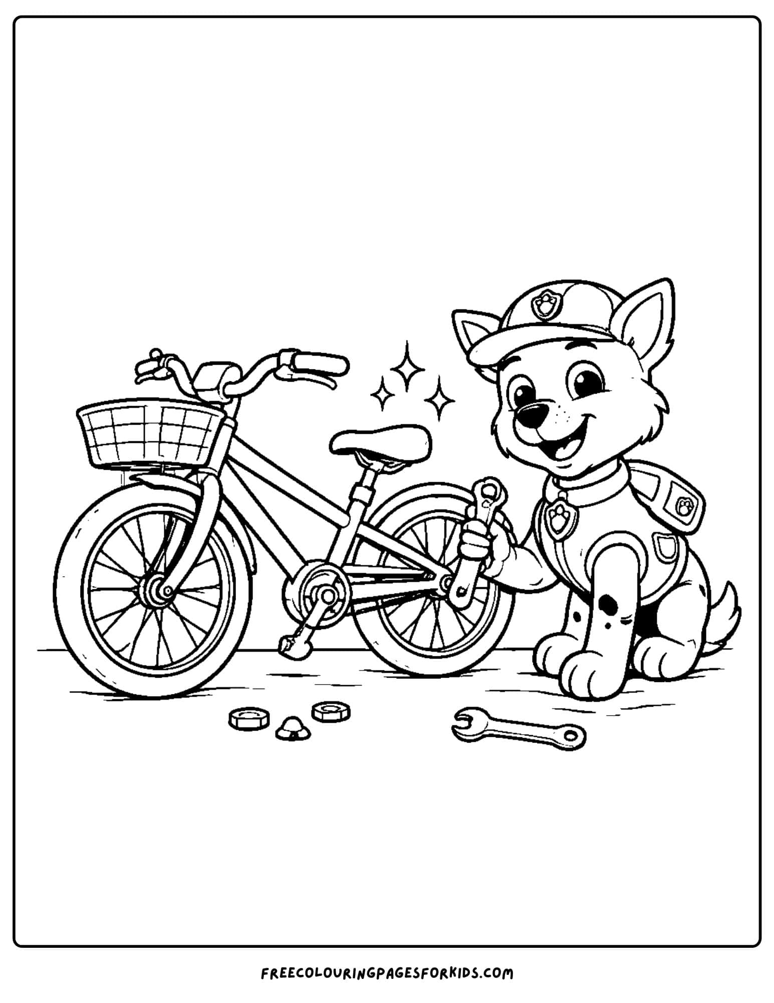 PAW Patrol coloring page with Rocky repairing bike