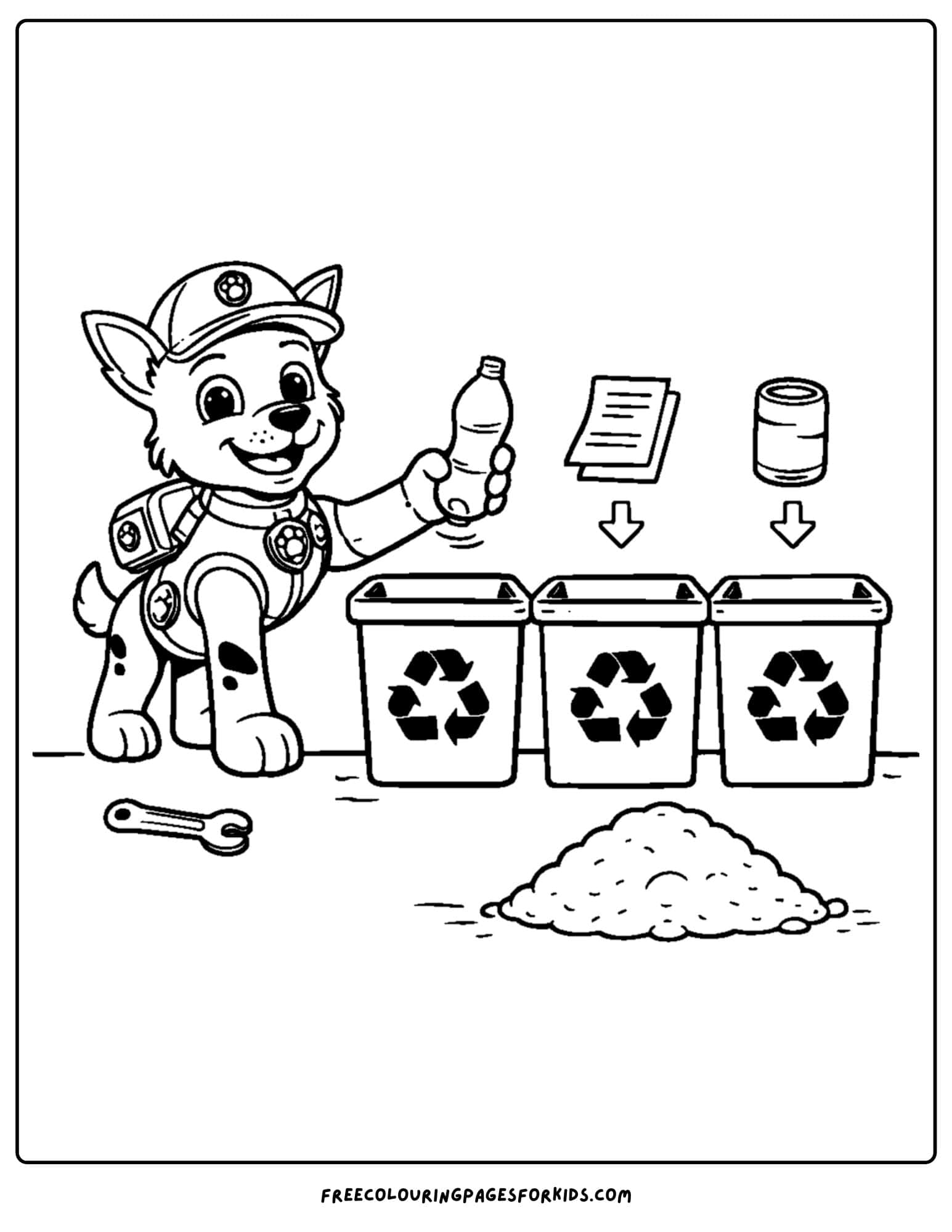 Paw patrol coloring page with rocks sorting for recycling