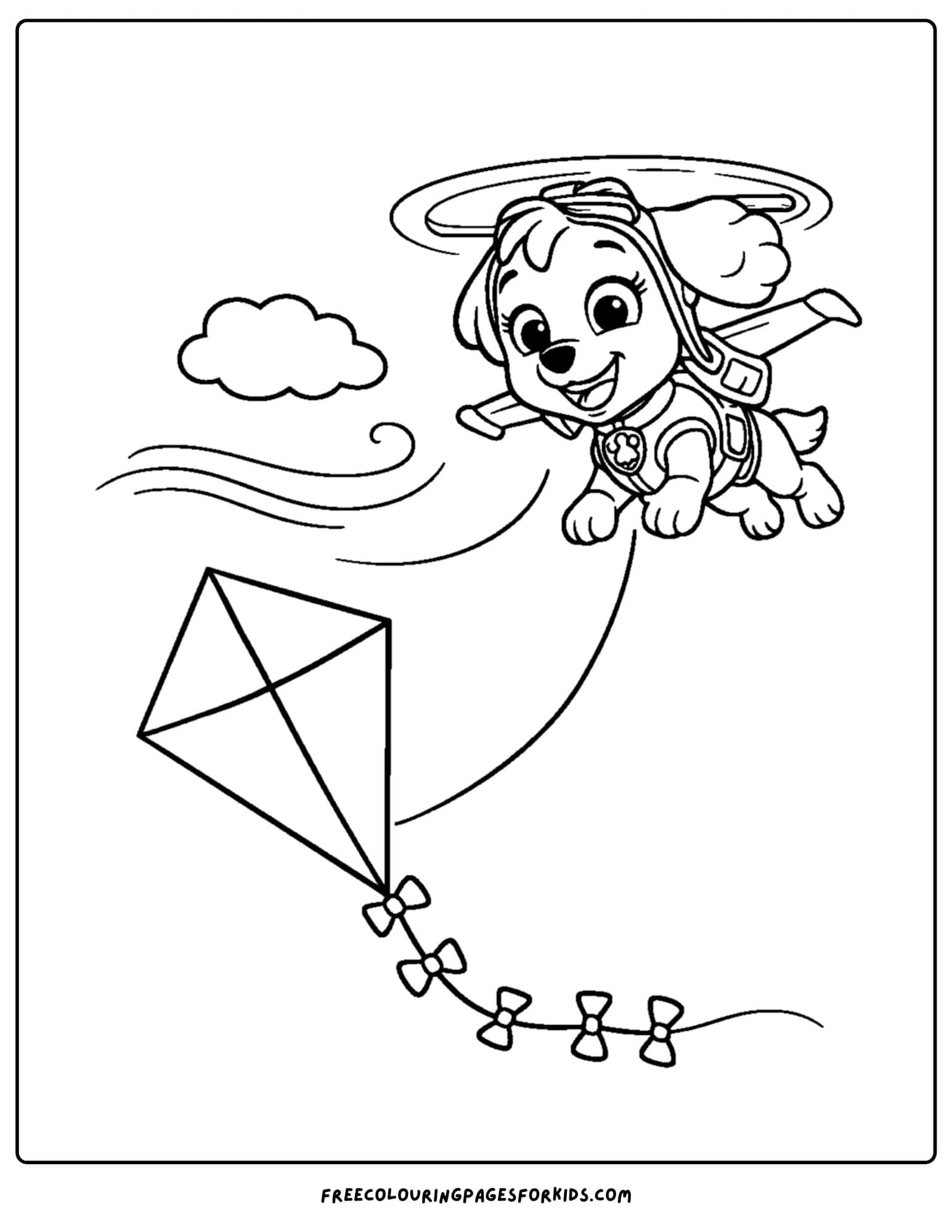 Paw Patrol coloring page, Skye saving a flying kite