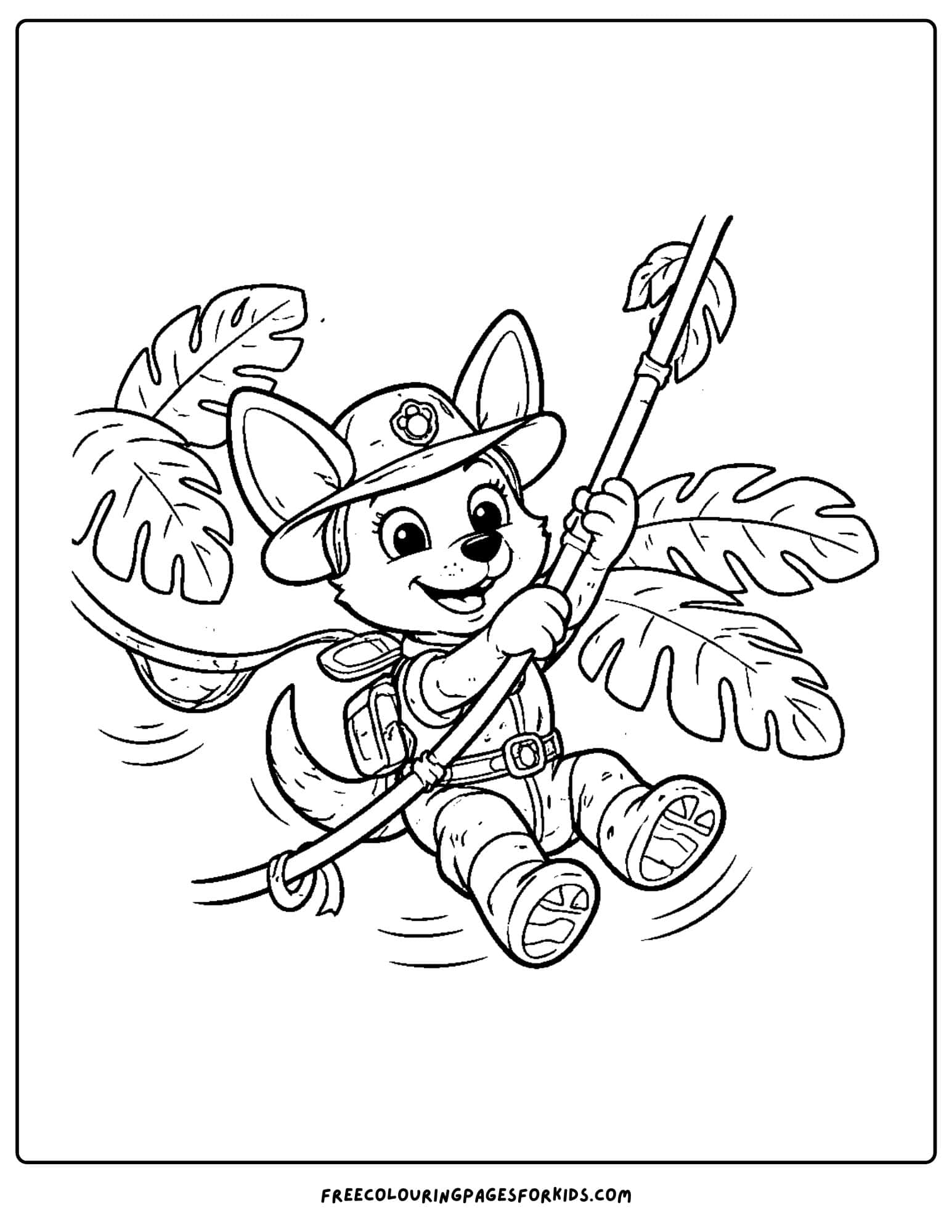 Paw patrol coloring page, tracker swinging on vines​​​​