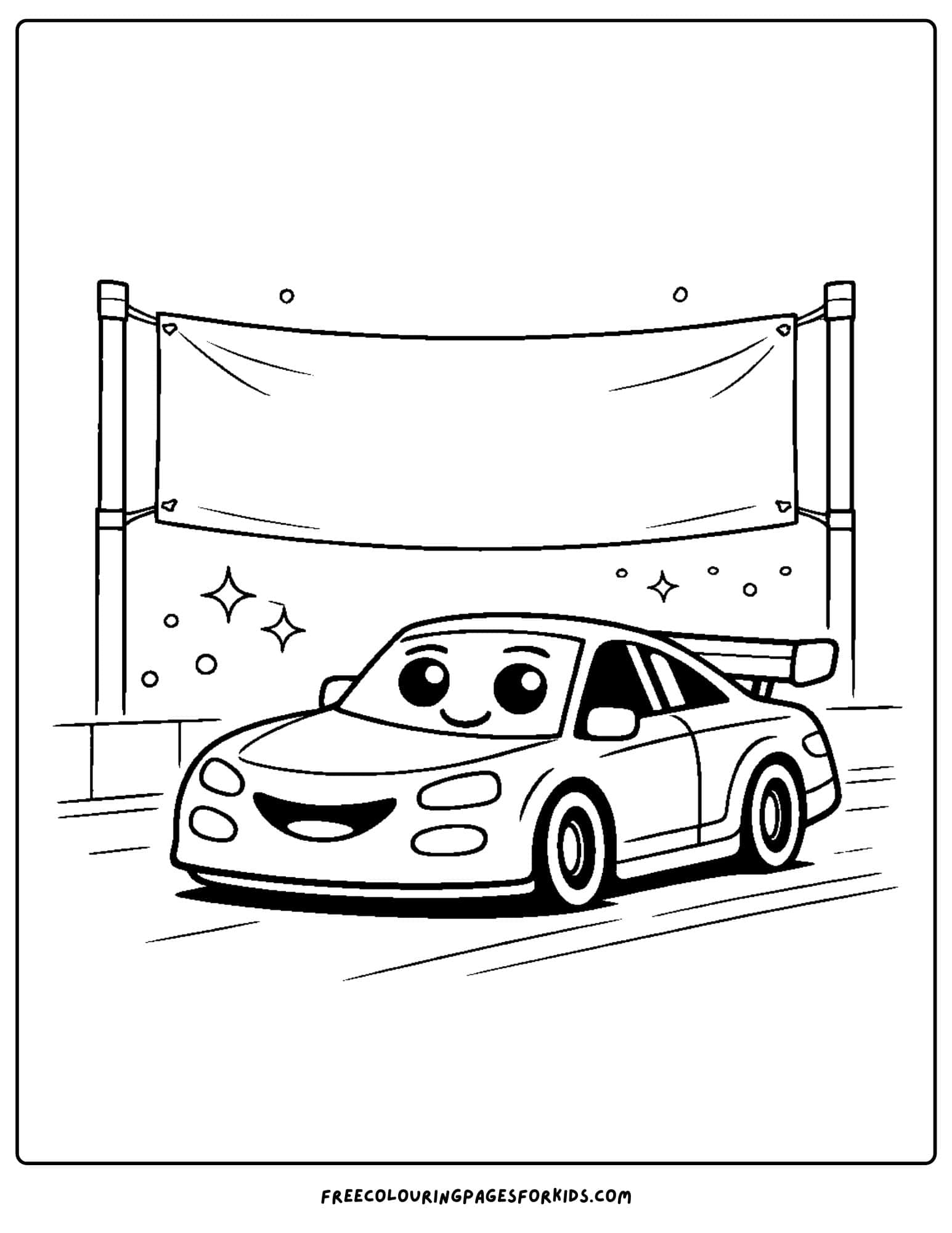 a coloring page of a race car going under a banner