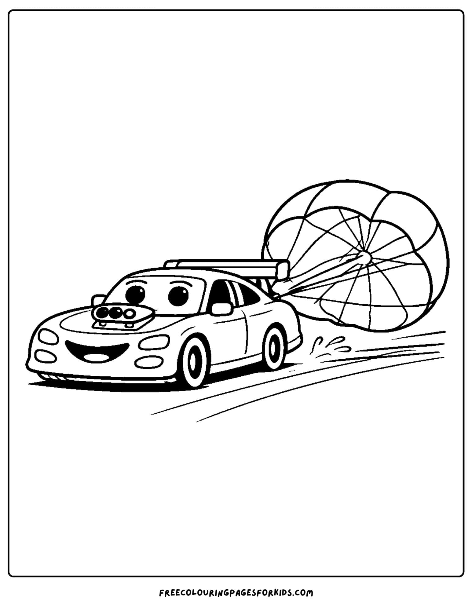a coloring page of a drag car deploying a parachute