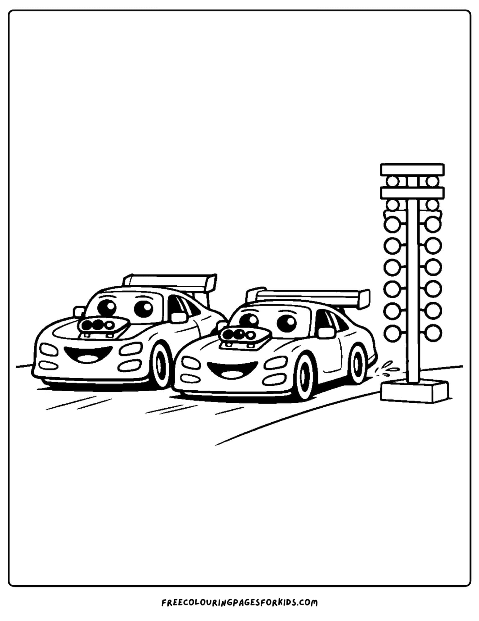 a coloring page of drag cars waiting at the starting tree