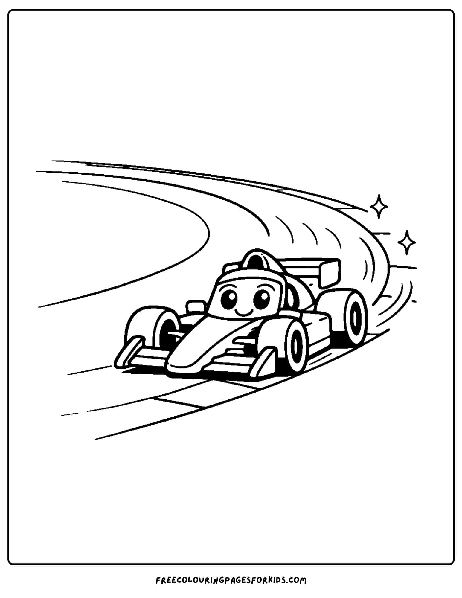 a coloring page of an f1 car going around a corner
