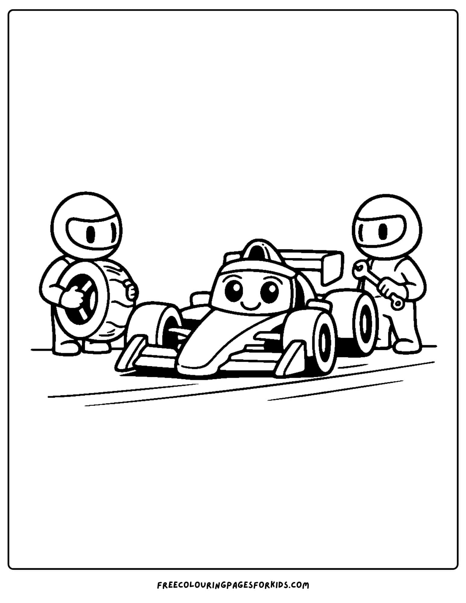 a coloring page of an f1 pit stop