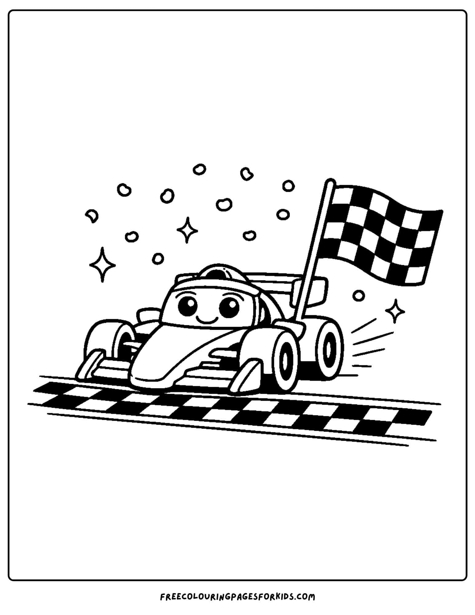 a coloring page of a race car going over the finish line