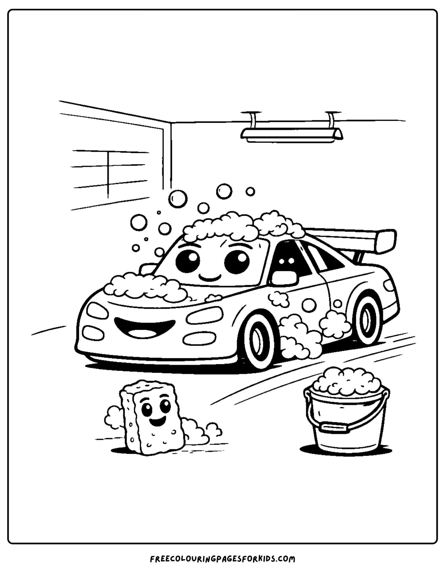 a coloring page of a race car in a garage being washed