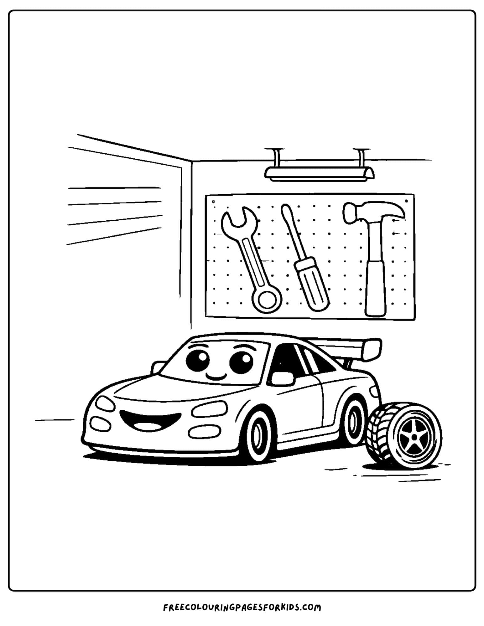 a coloring page of a race car in a garage