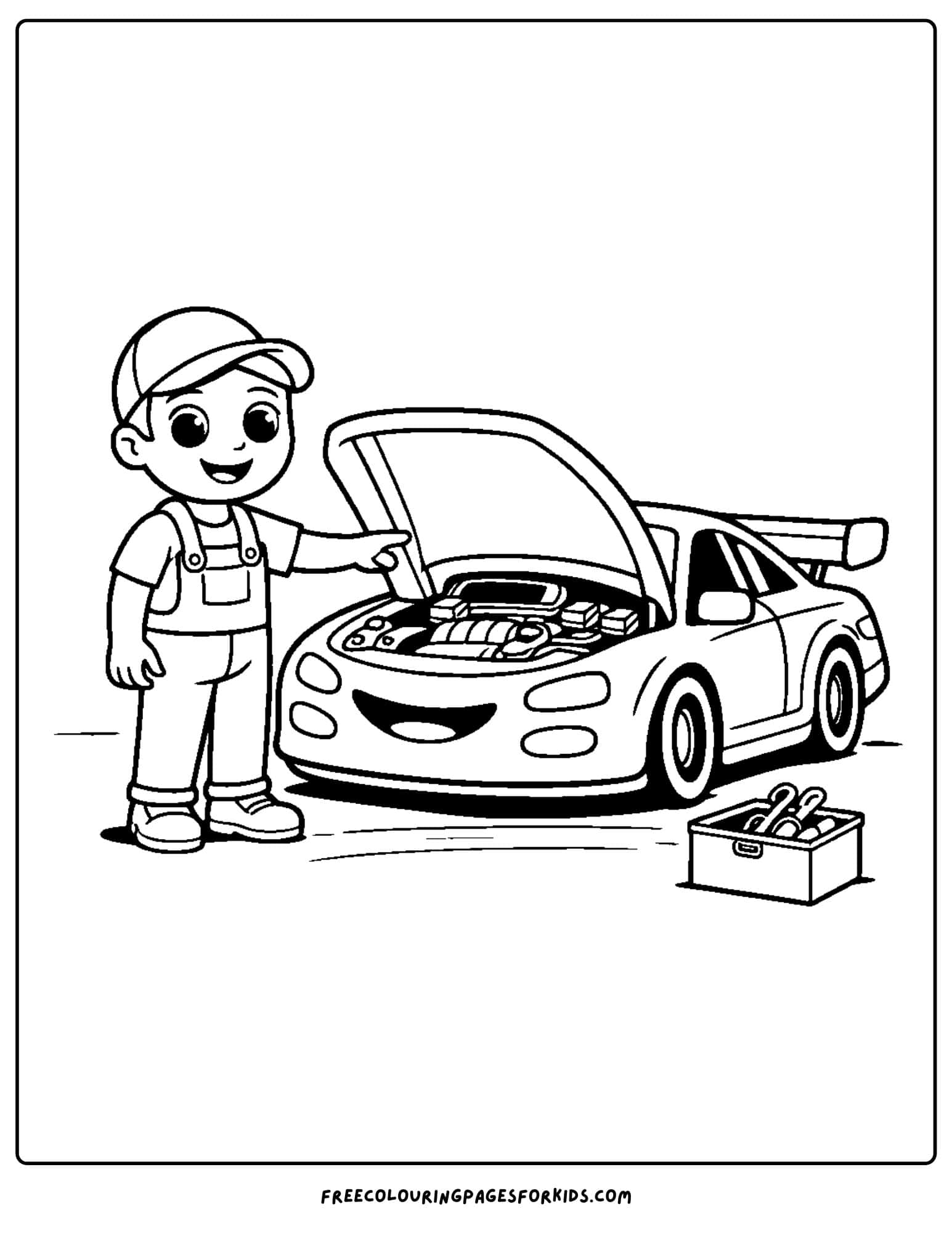 a coloring page of a mechanc fixing a car