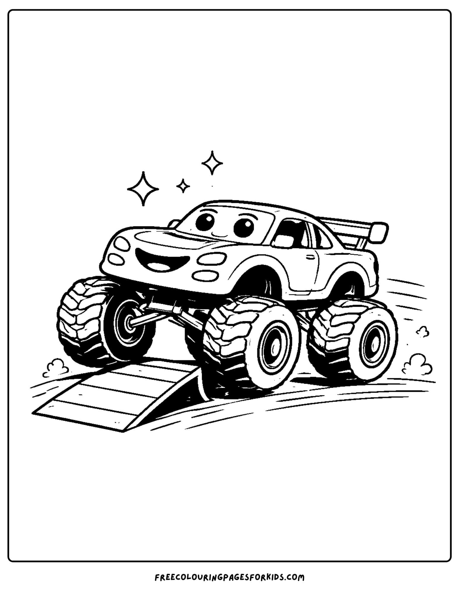 a coloring page of a monster truck and a ramp