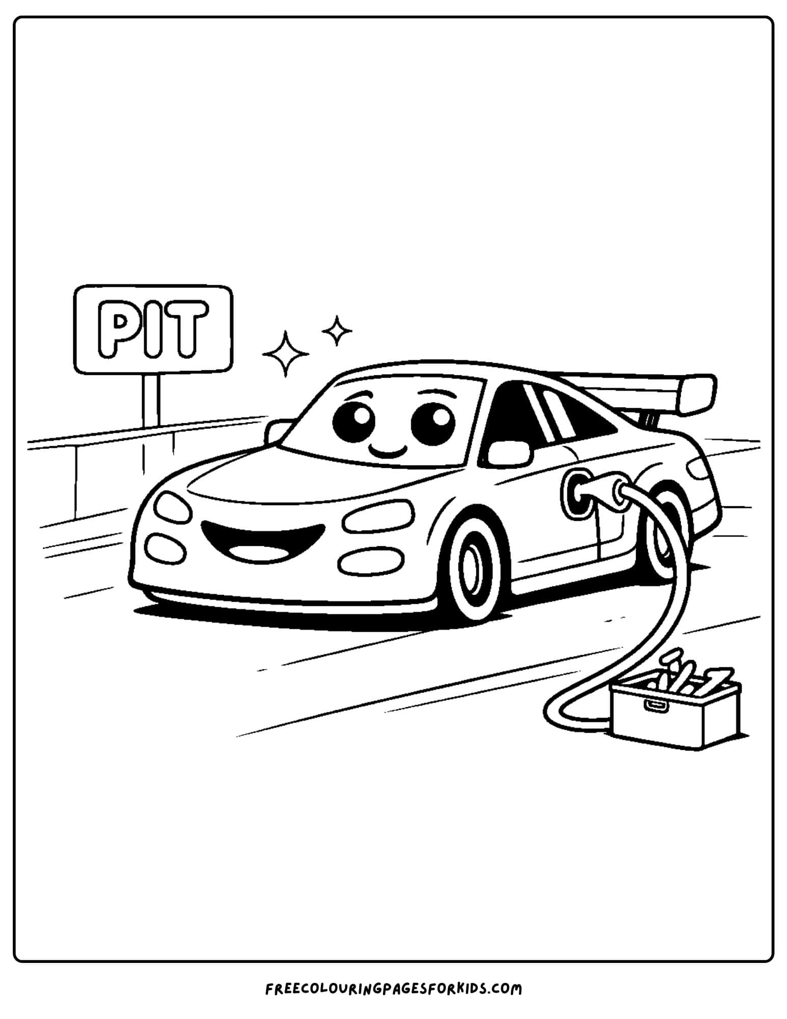 a coloring page of a race car in pit lane