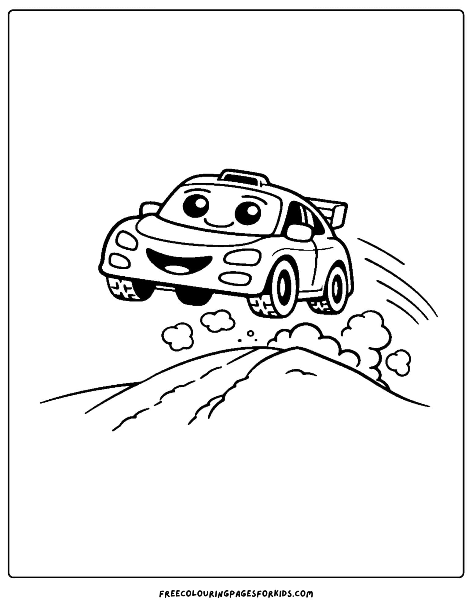 a coloring page of a rally car going over a hill jump