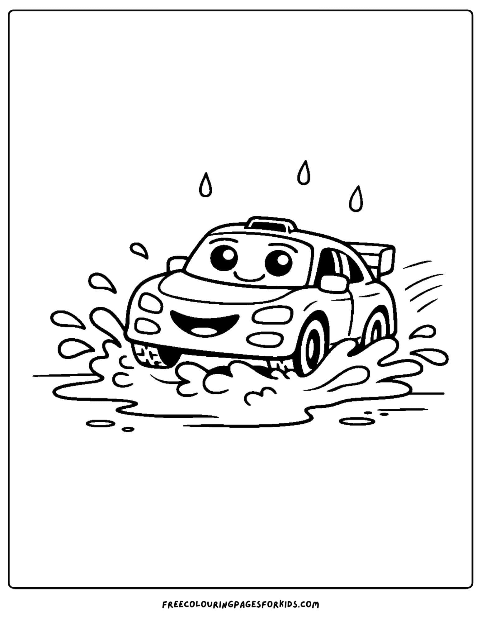 a coloring page of a rally car in a puddle