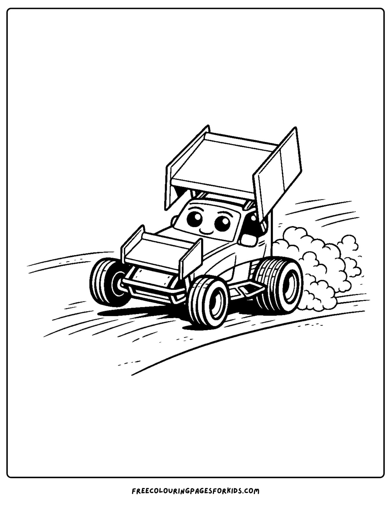 a coloring page of a sprint car racing on the dirt
