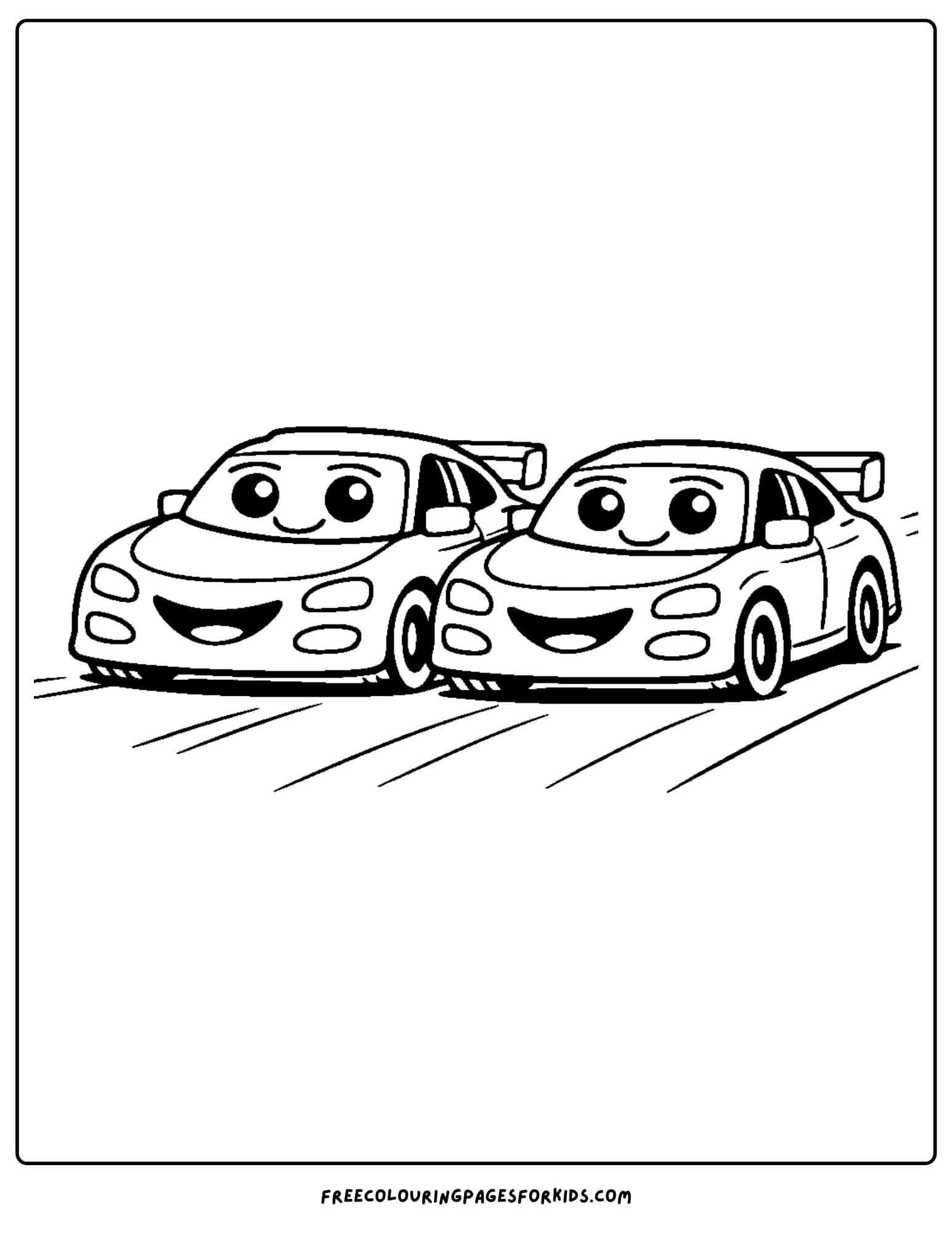 a coloring page of a race cars racing side by side
