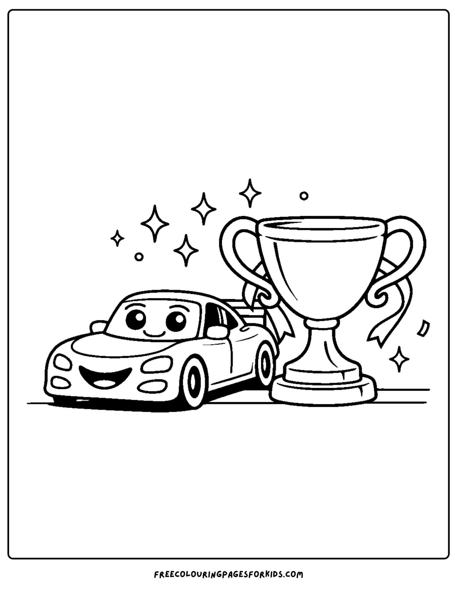 a coloring page of a race car next to a winners trophy