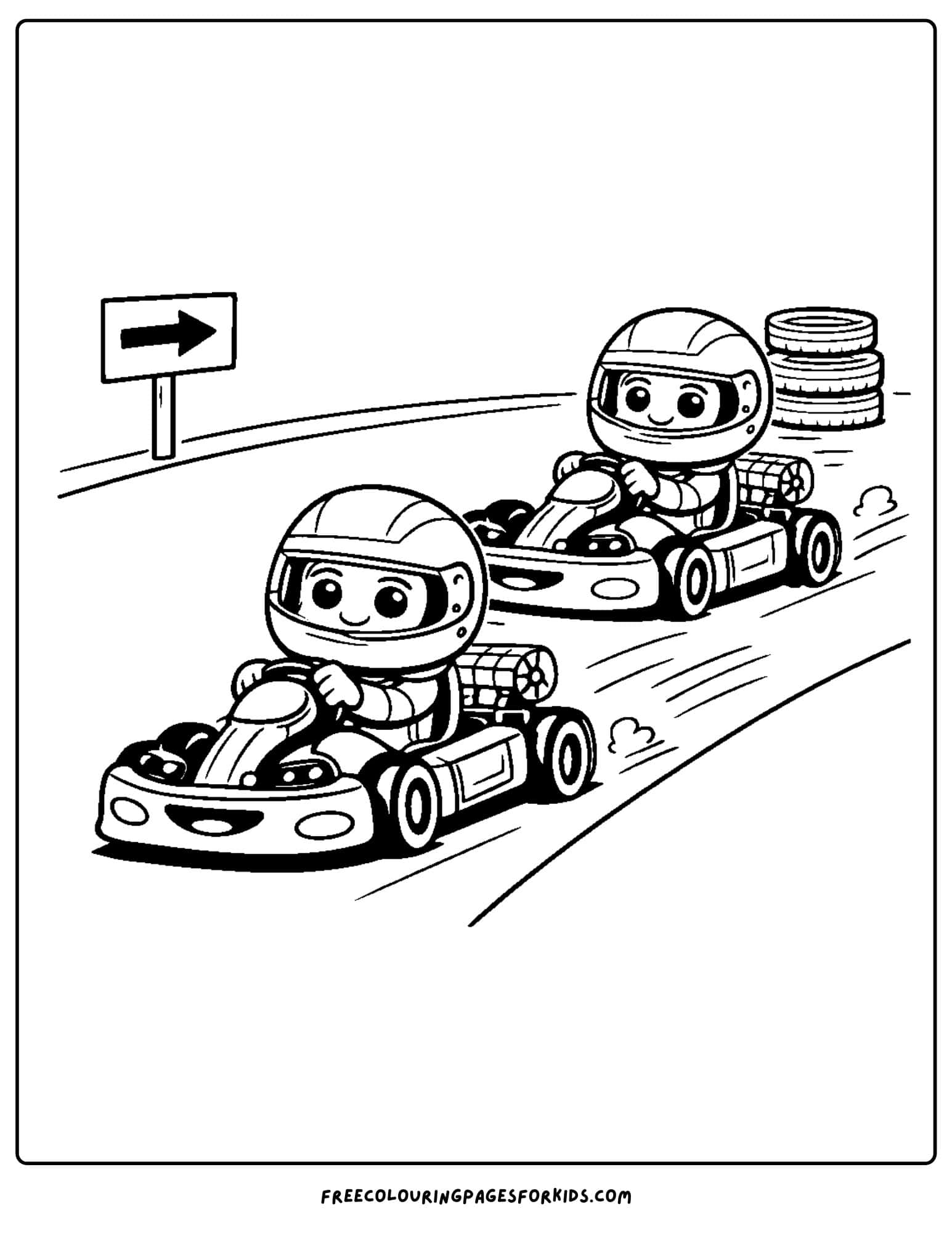 a coloring page of kids racing in go carts