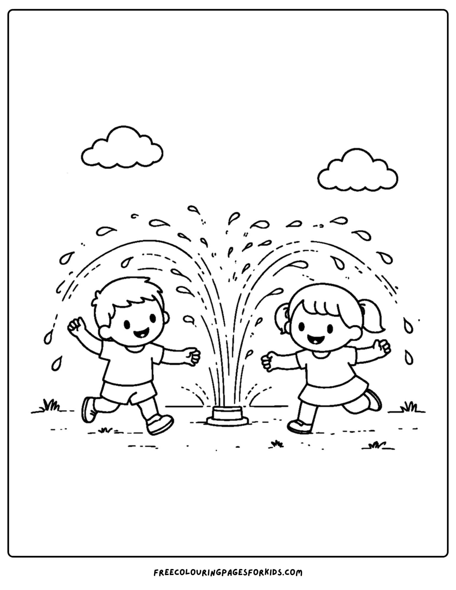 a simple coloring page of kids playing under a sprinkler in their yard