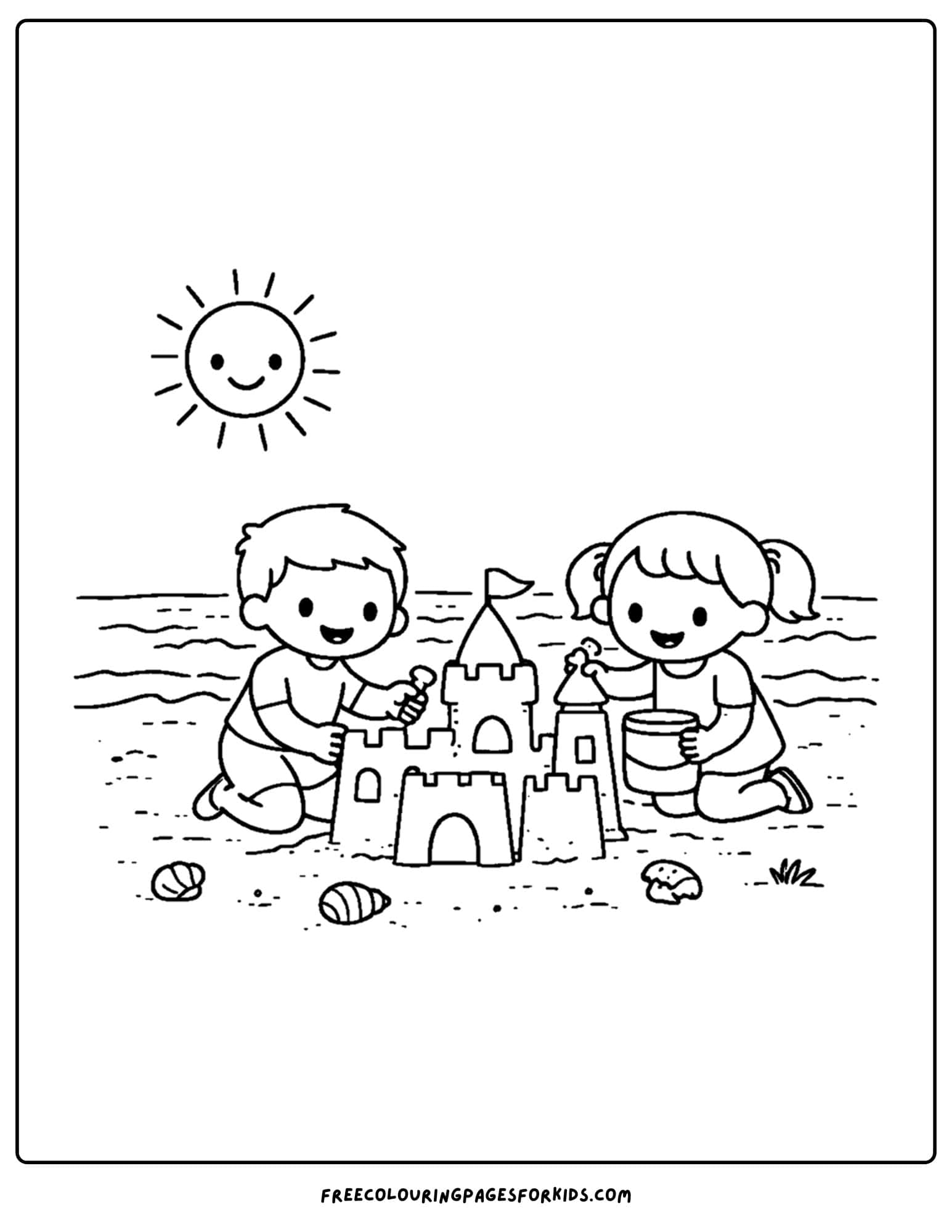 a simple coloring page of children building a sandcastle at the beach