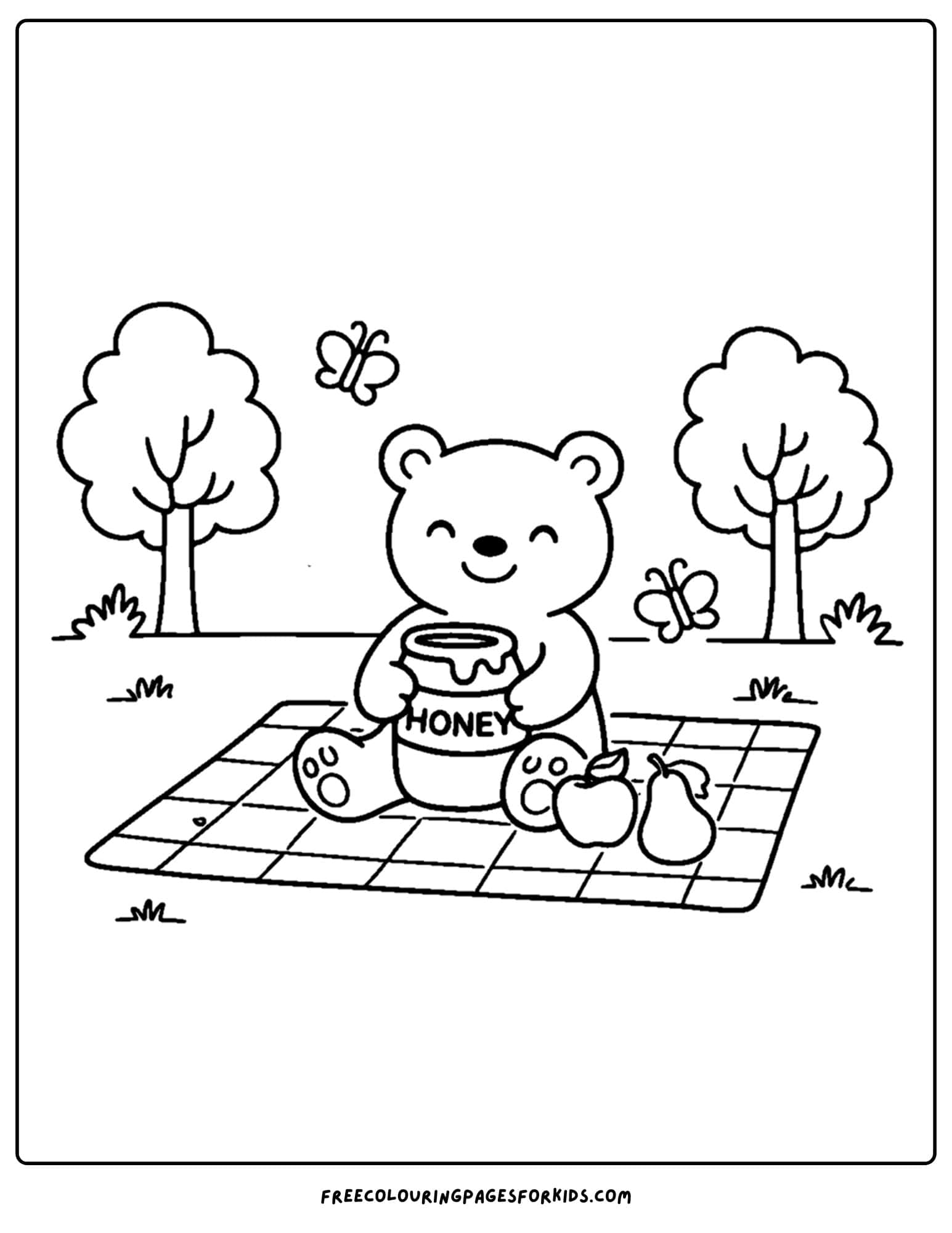 a simple coloring page of a bear having a picnic