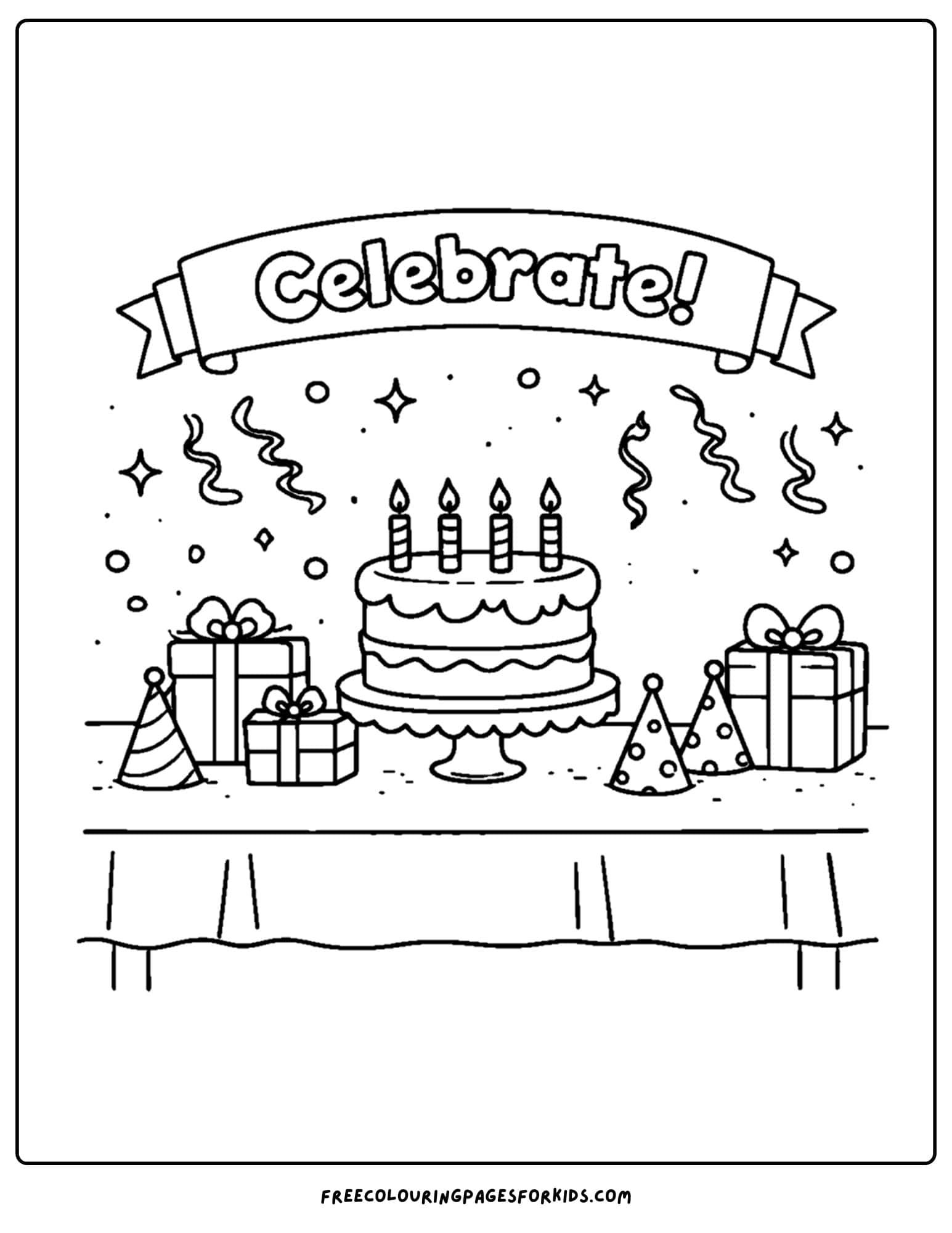 a simple coloring page of a birthday cake celebration